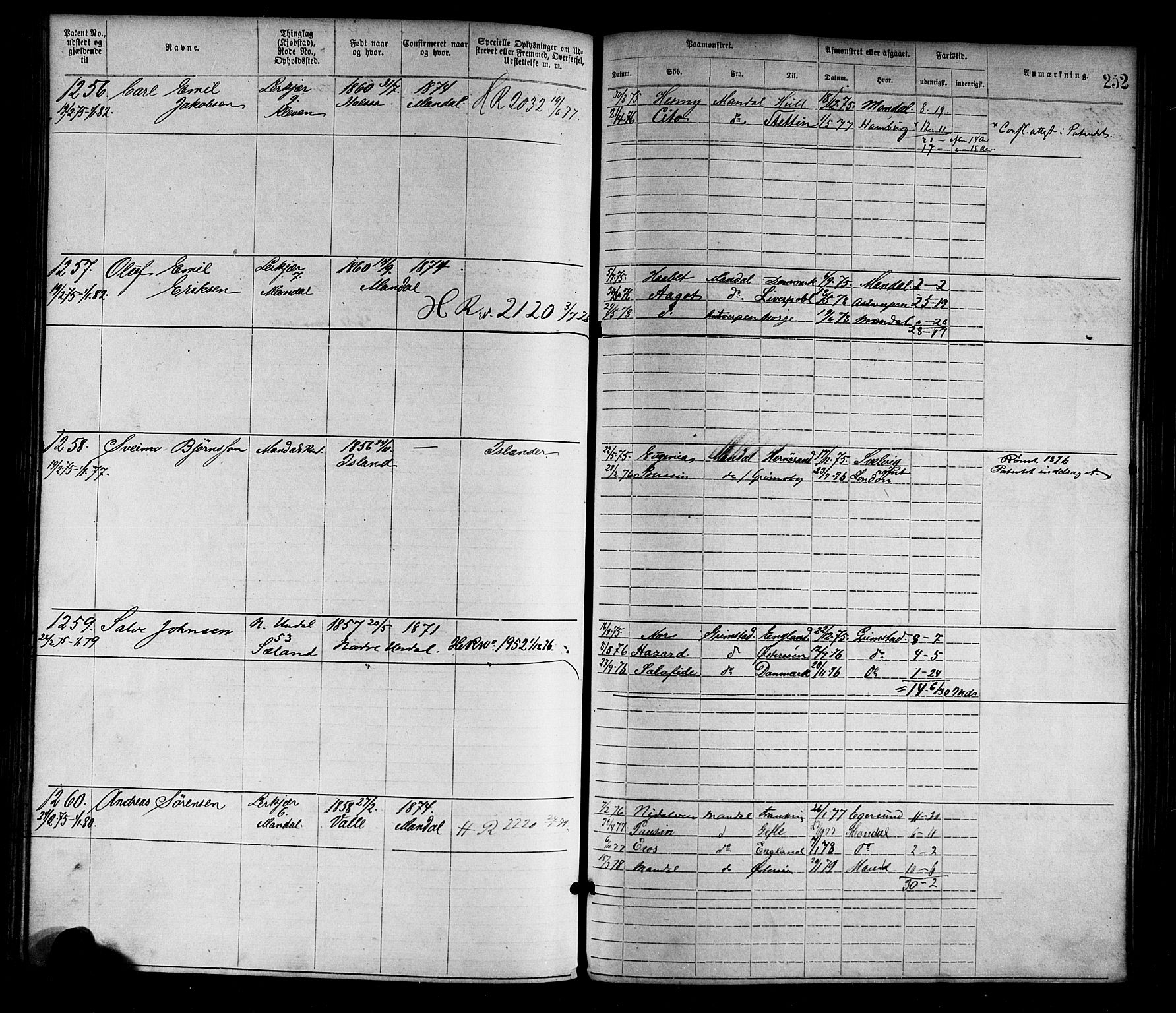 Mandal mønstringskrets, SAK/2031-0016/F/Fa/L0001: Annotasjonsrulle nr 1-1920 med register, L-3, 1869-1881, s. 287