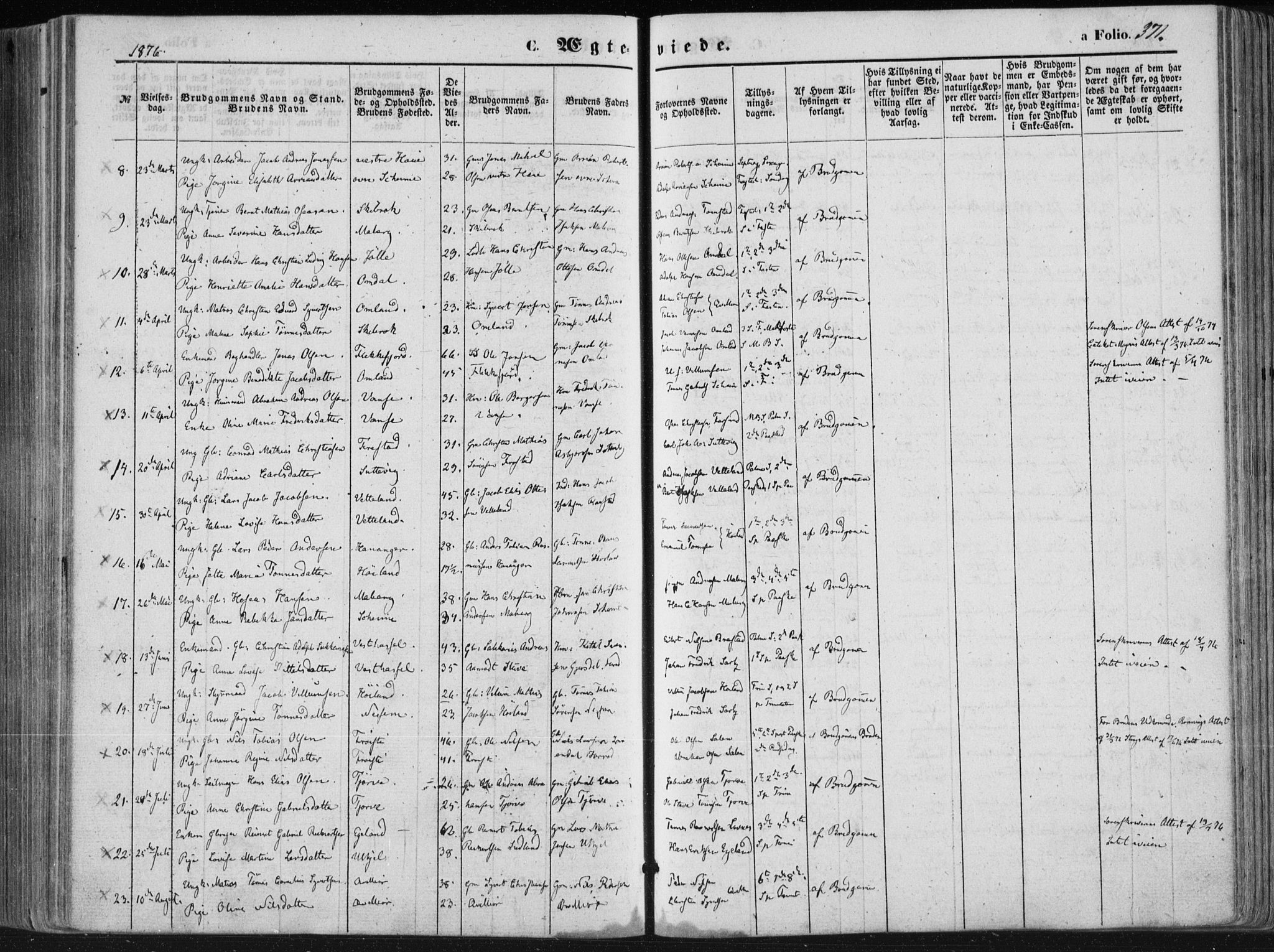 Lista sokneprestkontor, SAK/1111-0027/F/Fa/L0011: Ministerialbok nr. A 11, 1861-1878, s. 371