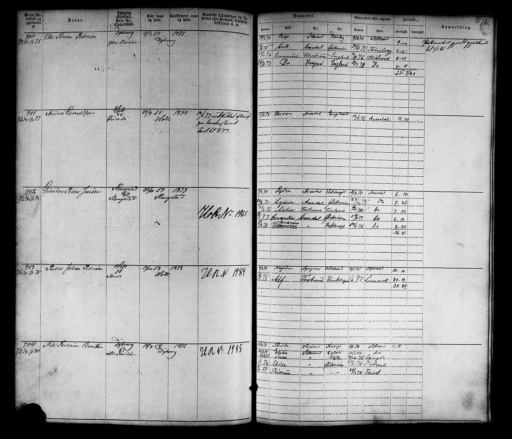Tvedestrand mønstringskrets, SAK/2031-0011/F/Fa/L0003: Annotasjonsrulle nr 1-1905 med register, U-25, 1866-1886, s. 204