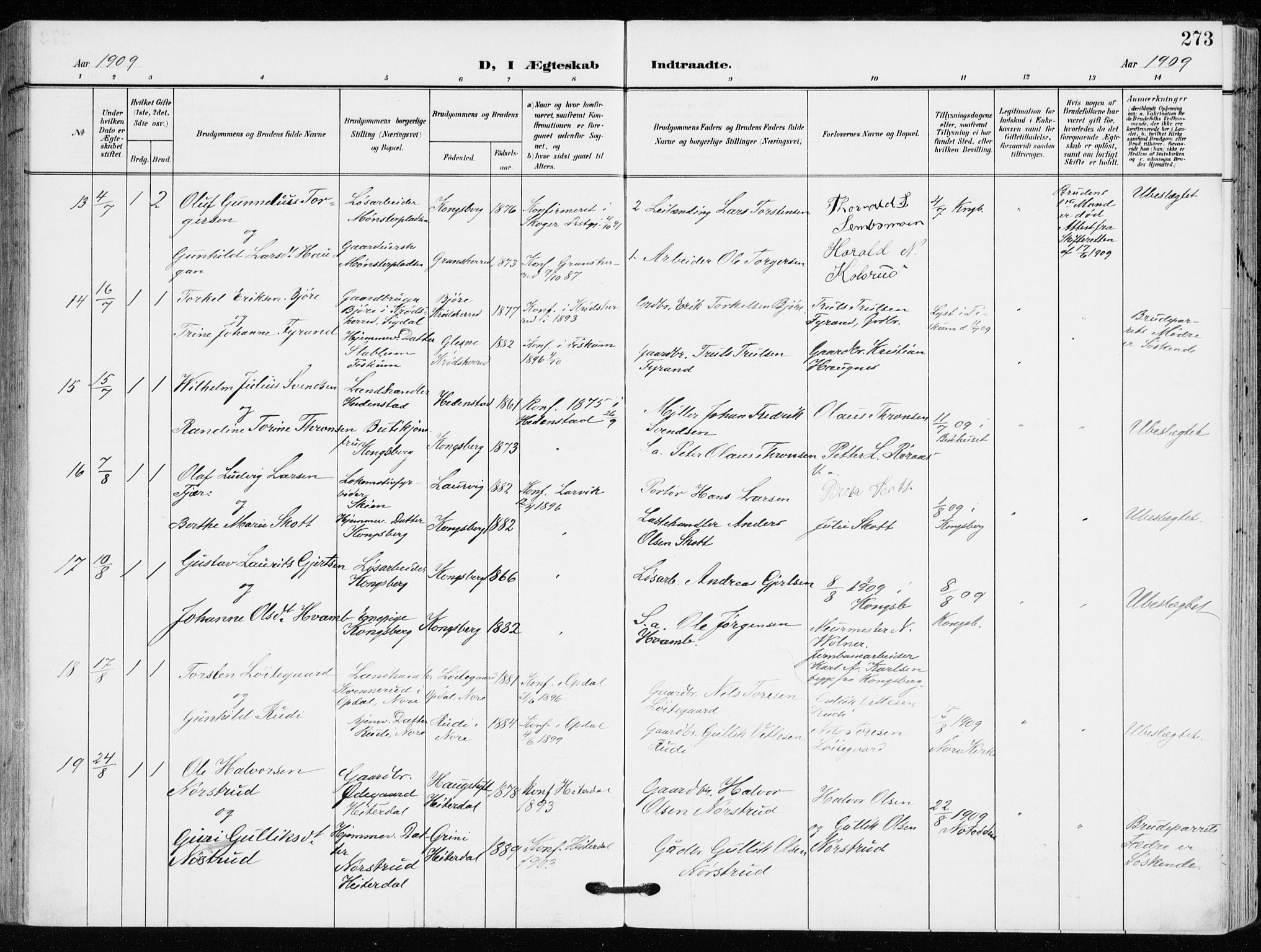 Kongsberg kirkebøker, AV/SAKO-A-22/F/Fb/L0004: Ministerialbok nr. II 4, 1906-1918, s. 273