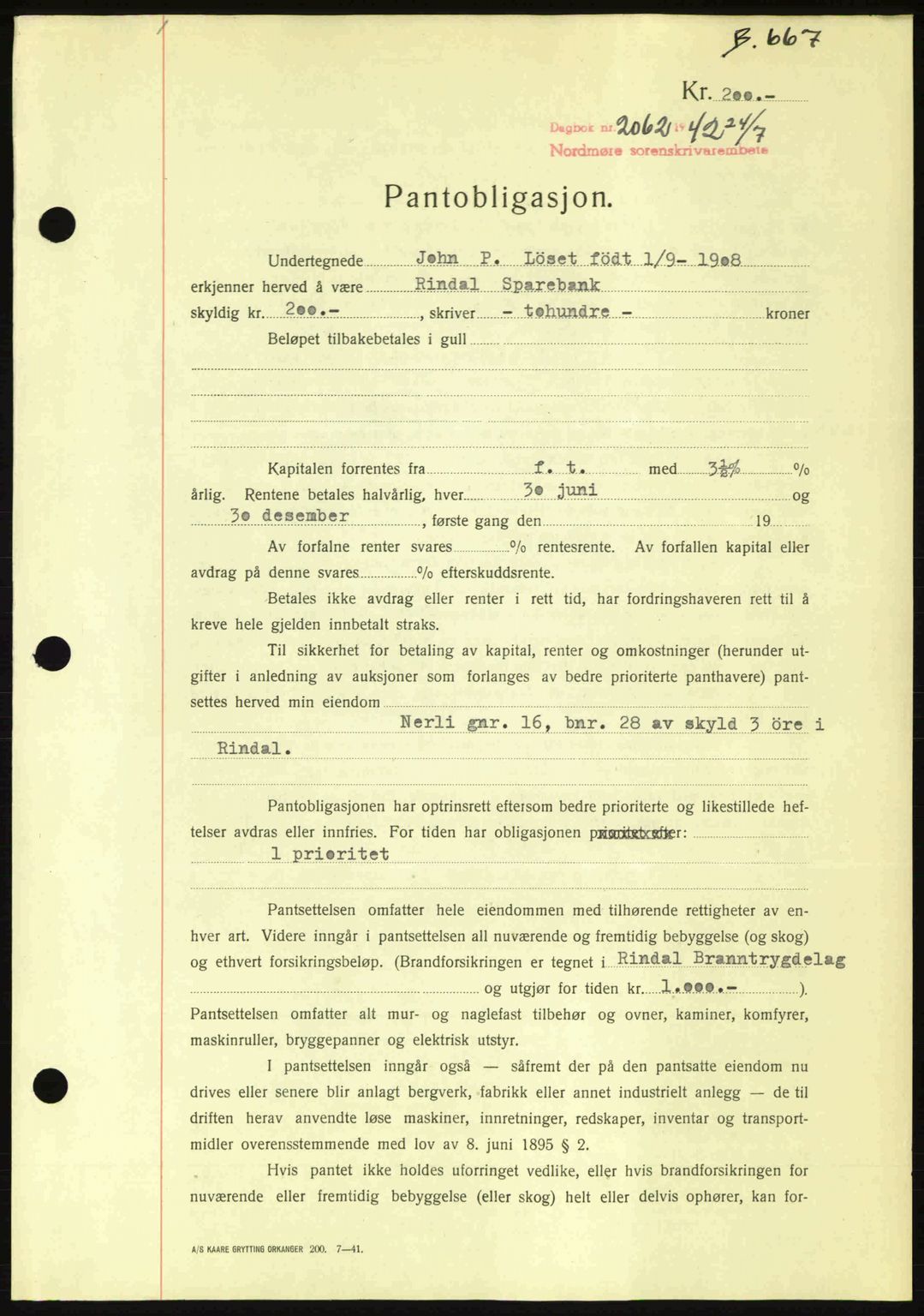 Nordmøre sorenskriveri, AV/SAT-A-4132/1/2/2Ca: Pantebok nr. B89, 1942-1942, Dagboknr: 2062/1942