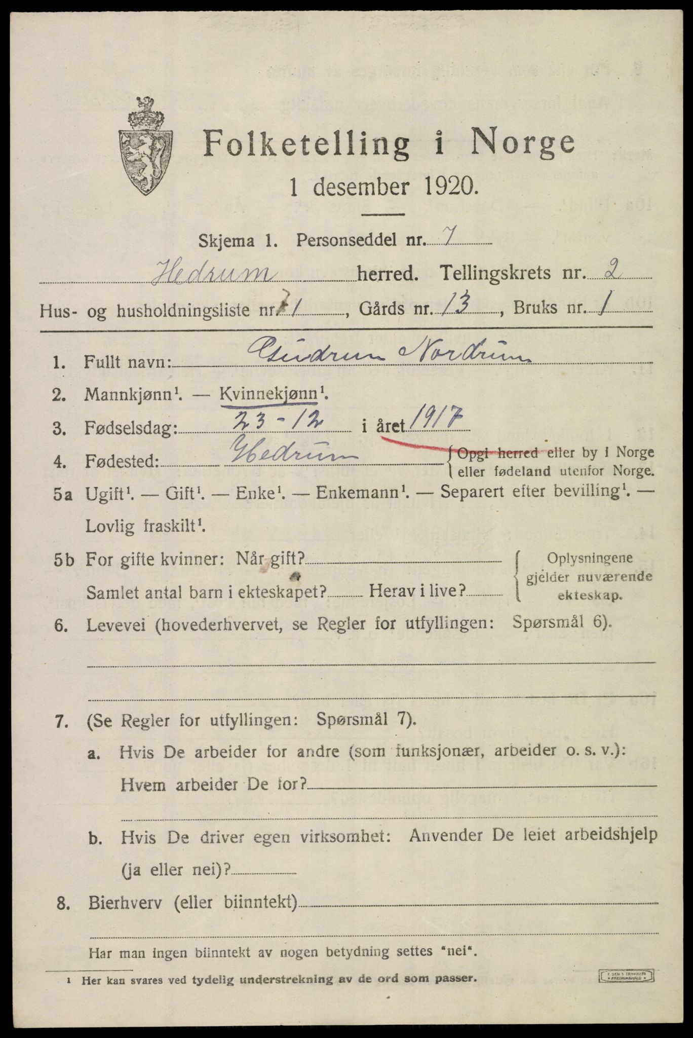 SAKO, Folketelling 1920 for 0727 Hedrum herred, 1920, s. 3429