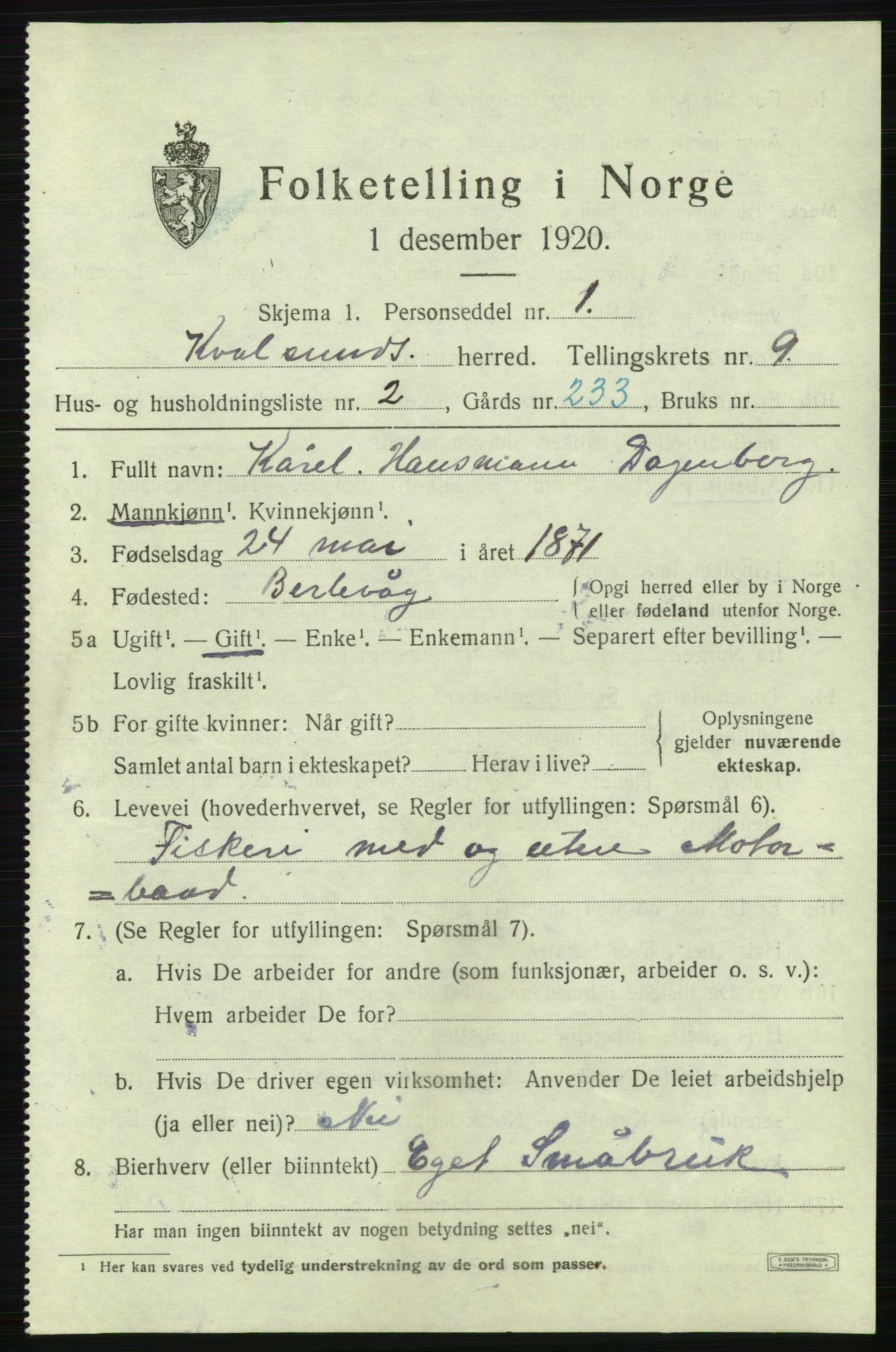 SATØ, Folketelling 1920 for 2017 Kvalsund herred, 1920, s. 2774