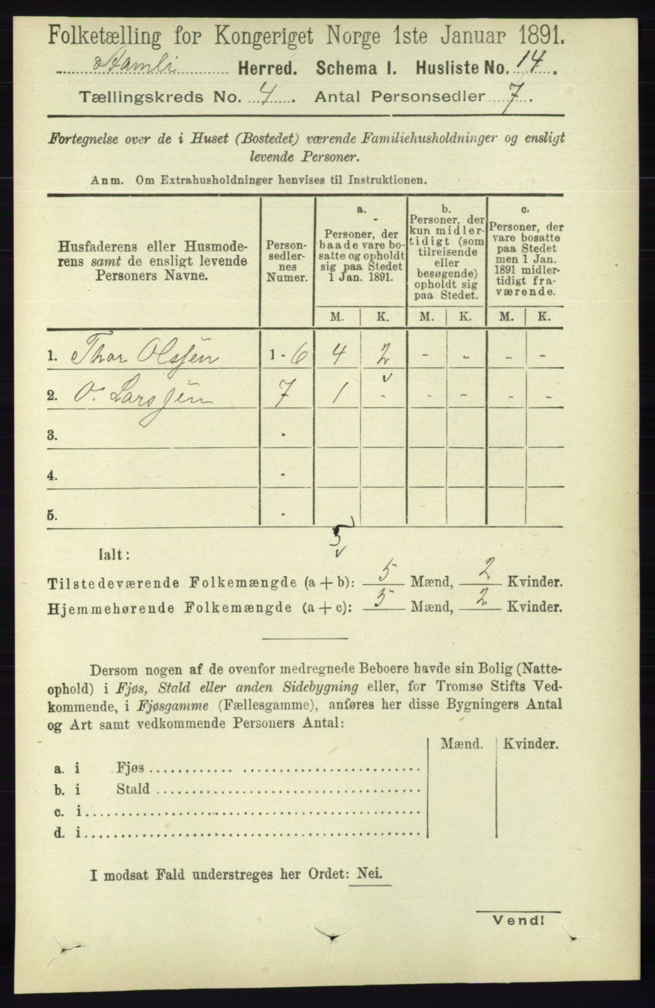 RA, Folketelling 1891 for 0929 Åmli herred, 1891, s. 424