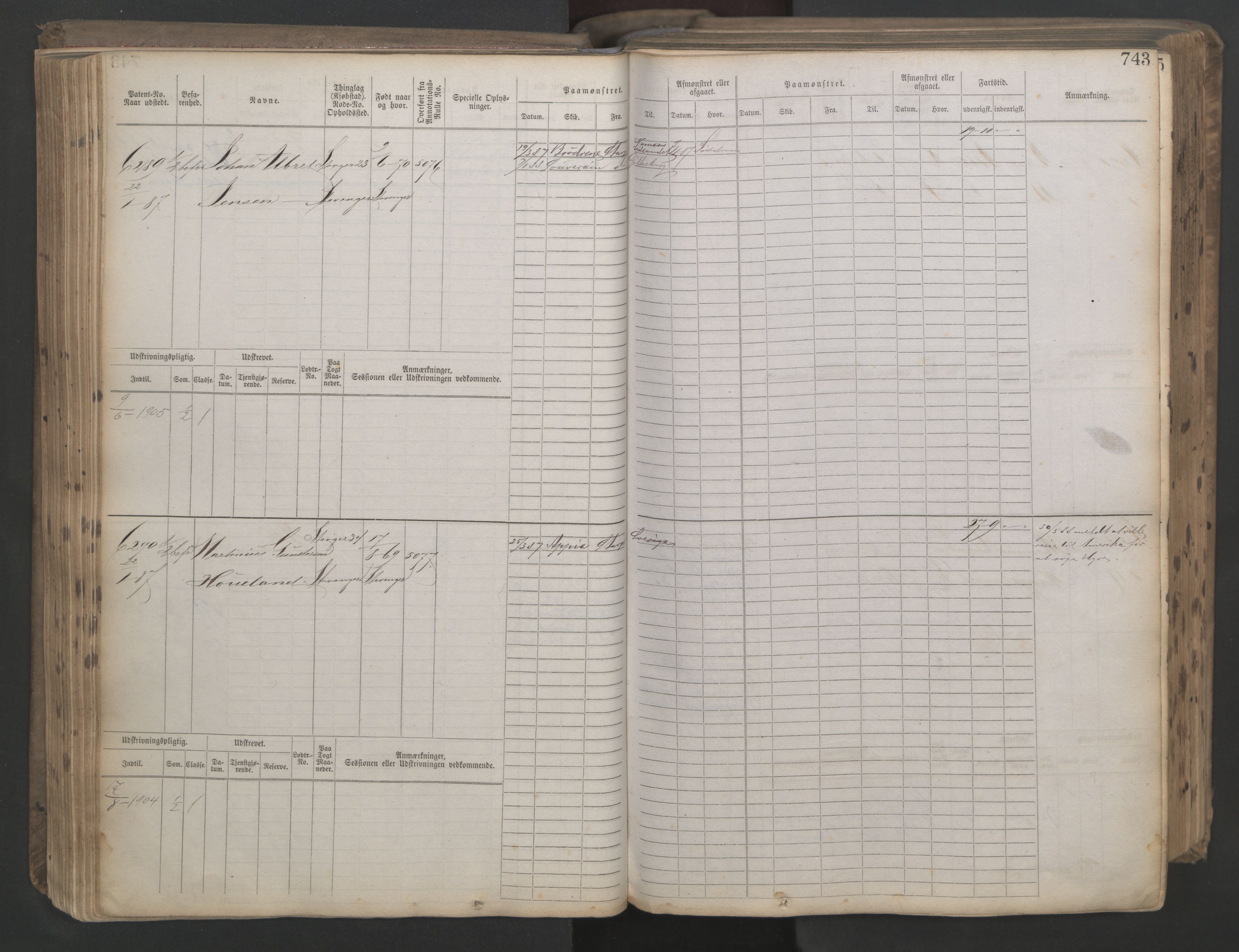 Stavanger sjømannskontor, AV/SAST-A-102006/F/Fb/Fbb/L0021: Sjøfartshovedrulle patnentnr. 6005-7204 (dublett), 1887, s. 147