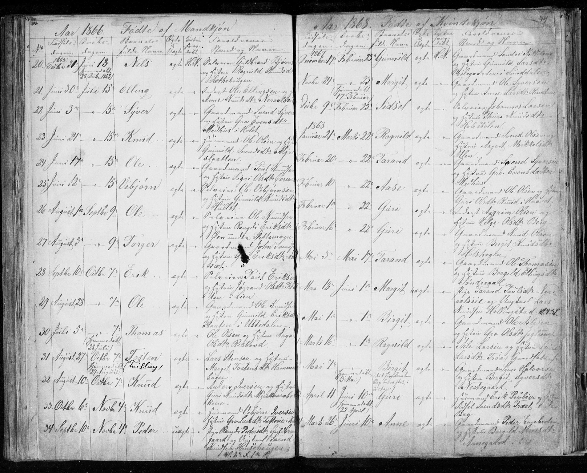 Hol kirkebøker, AV/SAKO-A-227/F/Fa/L0001: Ministerialbok nr. I 1, 1850-1870, s. 73-74