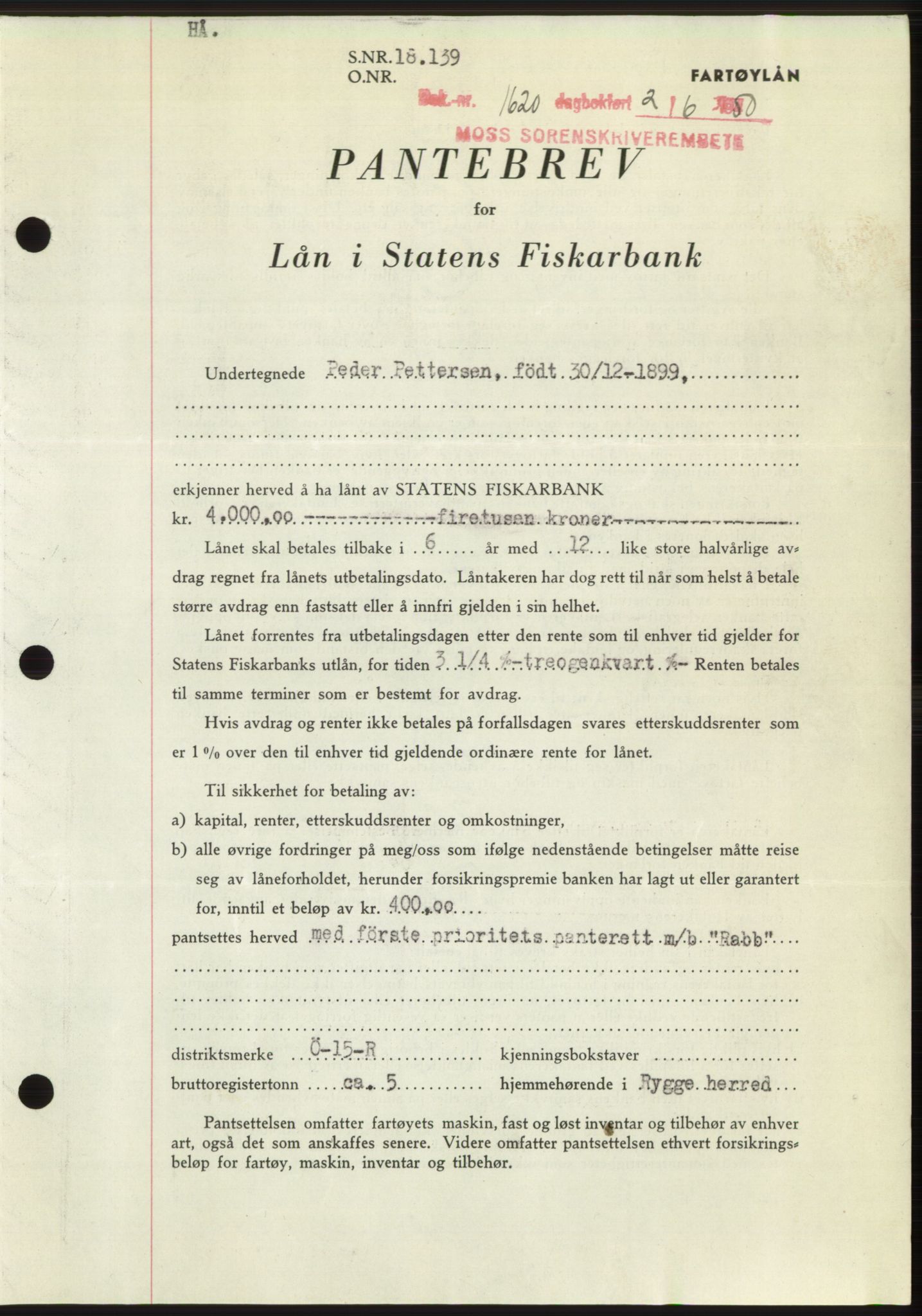 Moss sorenskriveri, AV/SAO-A-10168: Pantebok nr. B24, 1950-1950, Dagboknr: 1620/1950