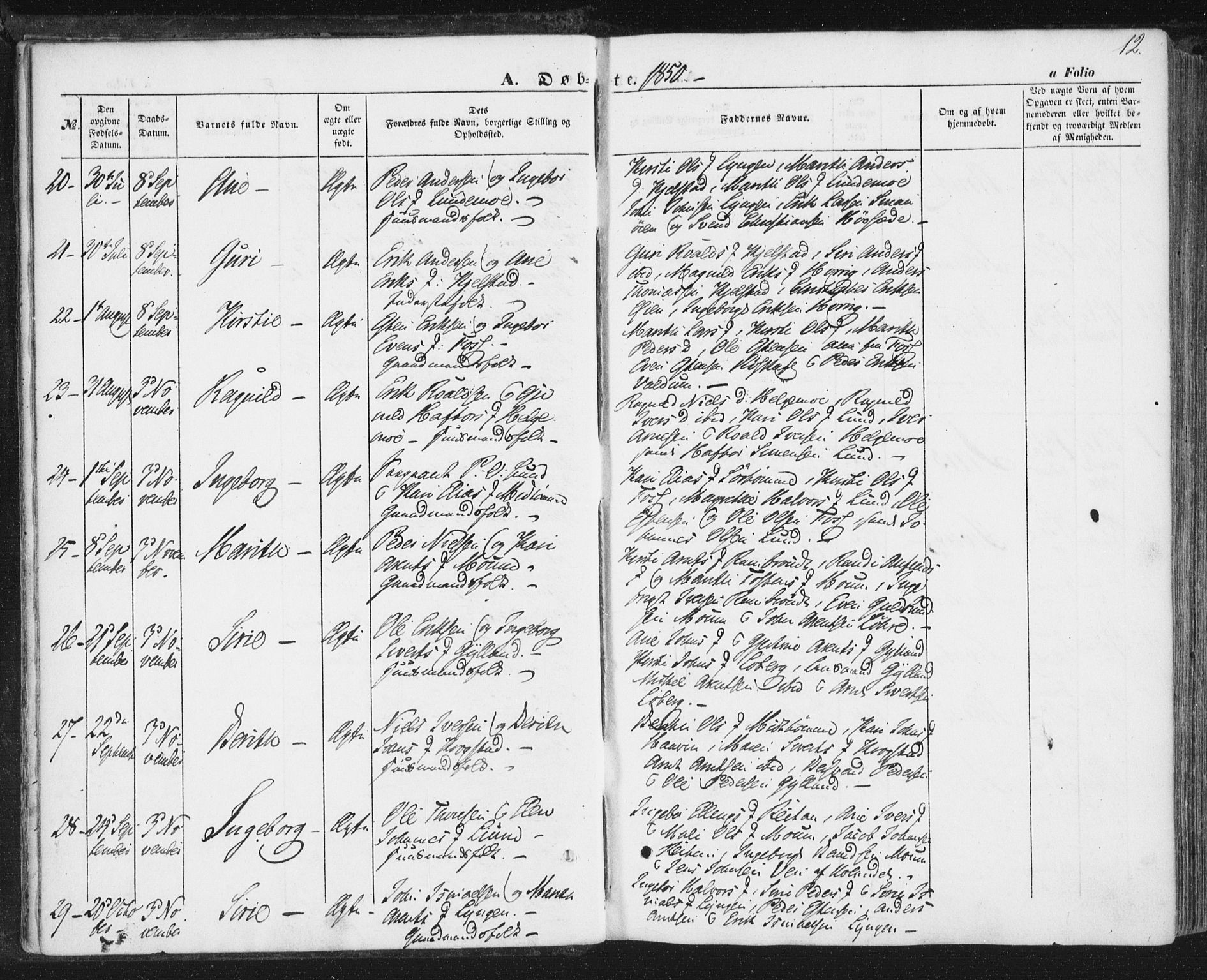 Ministerialprotokoller, klokkerbøker og fødselsregistre - Sør-Trøndelag, AV/SAT-A-1456/692/L1103: Ministerialbok nr. 692A03, 1849-1870, s. 12