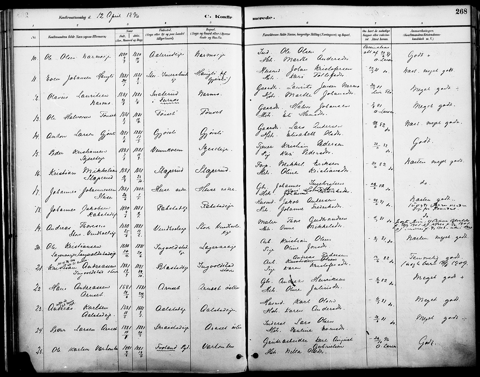 Vang prestekontor, Hedmark, AV/SAH-PREST-008/H/Ha/Haa/L0019A: Ministerialbok nr. 19, 1886-1900, s. 268