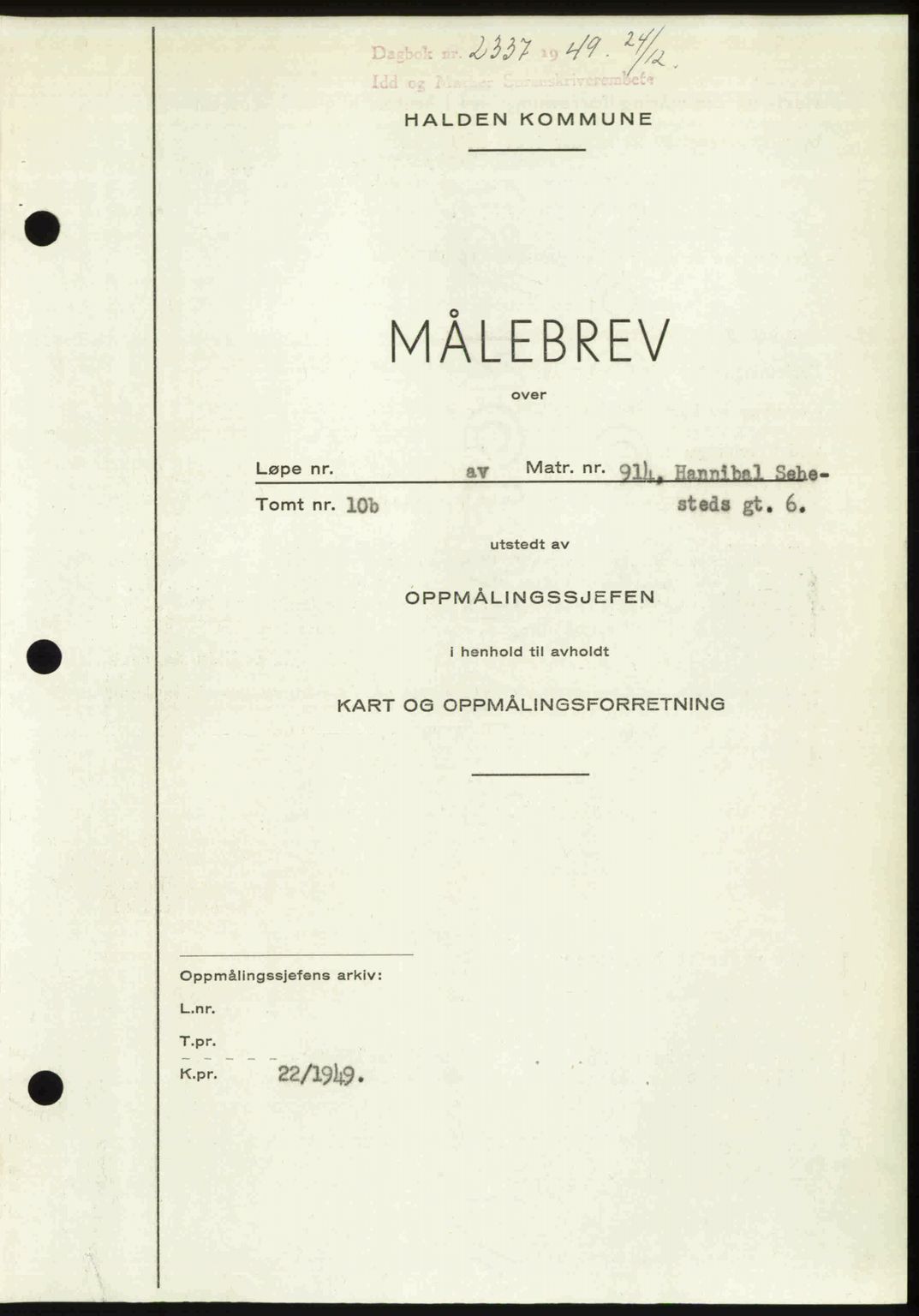 Idd og Marker sorenskriveri, SAO/A-10283/G/Gb/Gbb/L0013: Pantebok nr. A13, 1949-1950, Dagboknr: 2337/1949