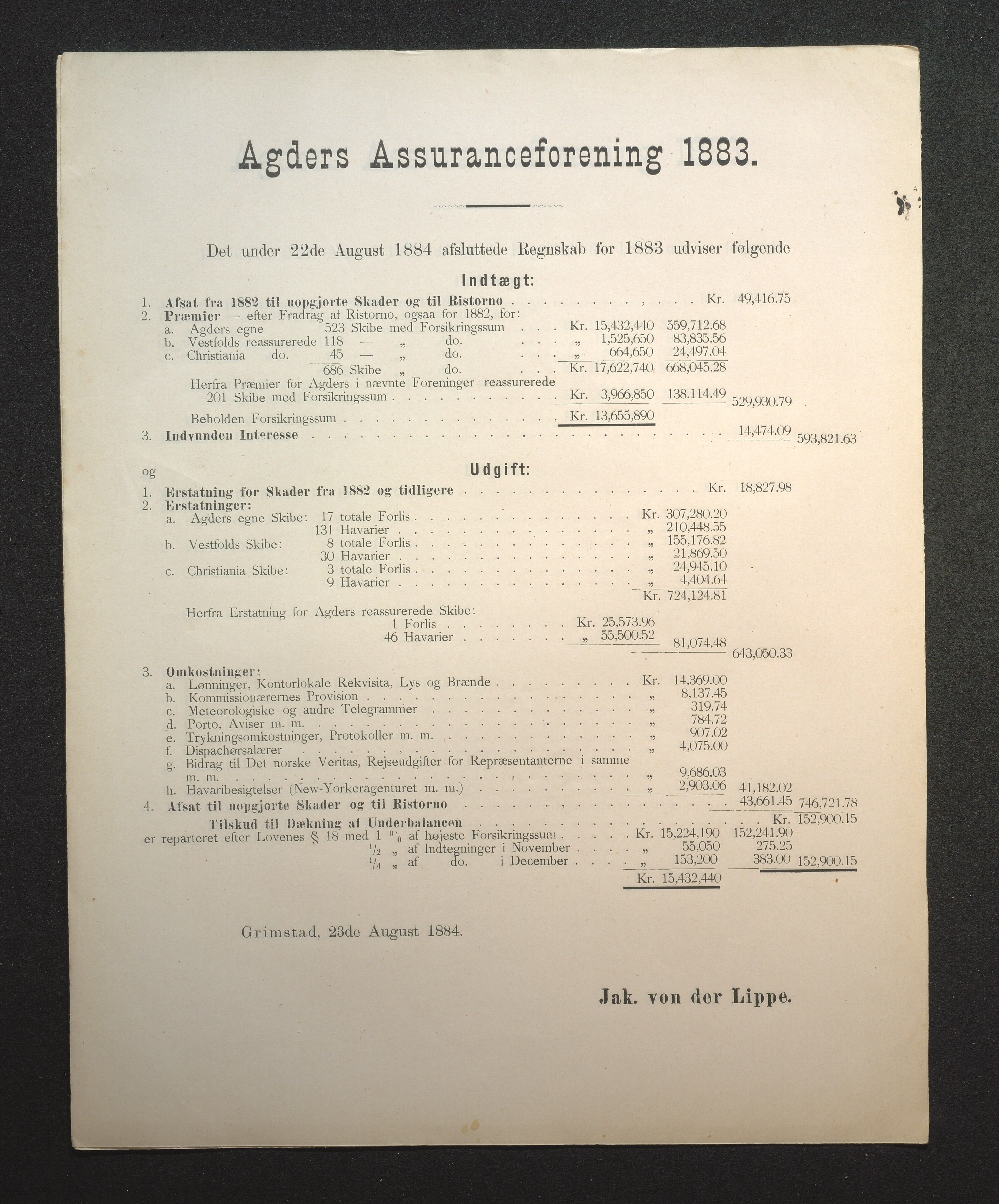 Agders Gjensidige Assuranceforening, AAKS/PA-1718/05/L0002: Regnskap, seilavdeling, pakkesak, 1881-1889