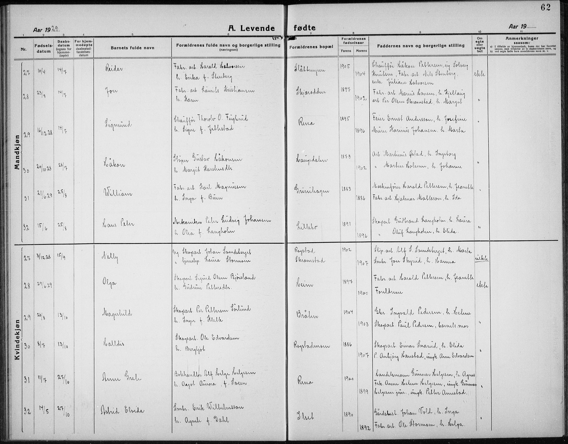 Åmot prestekontor, Hedmark, SAH/PREST-056/H/Ha/Hab/L0005: Klokkerbok nr. 5, 1921-1934, s. 62