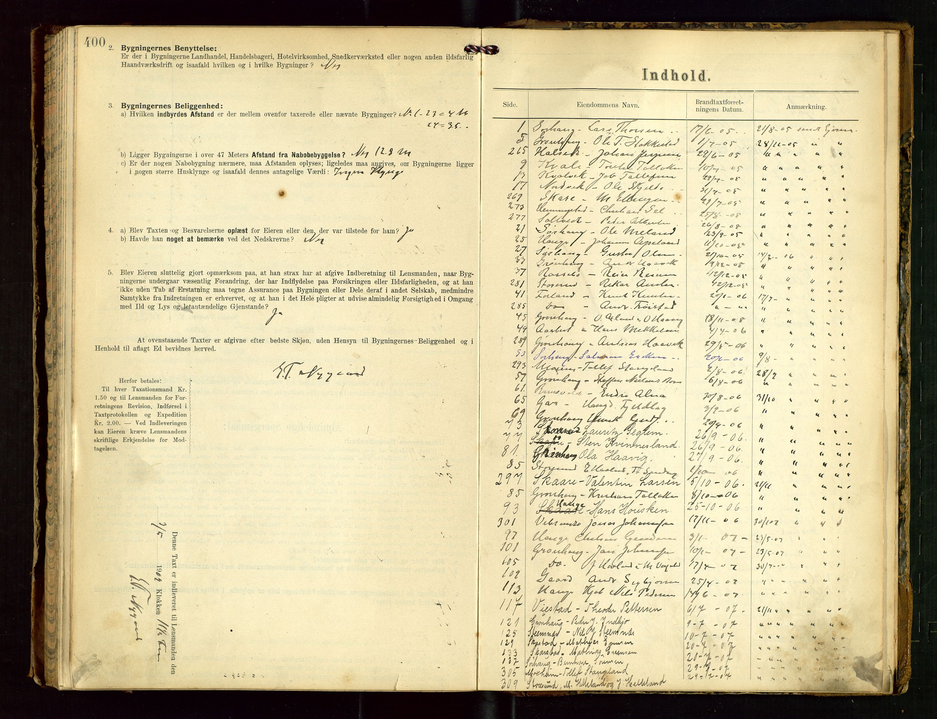 Torvestad lensmannskontor, SAST/A-100307/1/Gob/L0003: "Brandtaxationsprotokol for Torvestad Lensmannsdistrikt", 1905-1909, s. 400