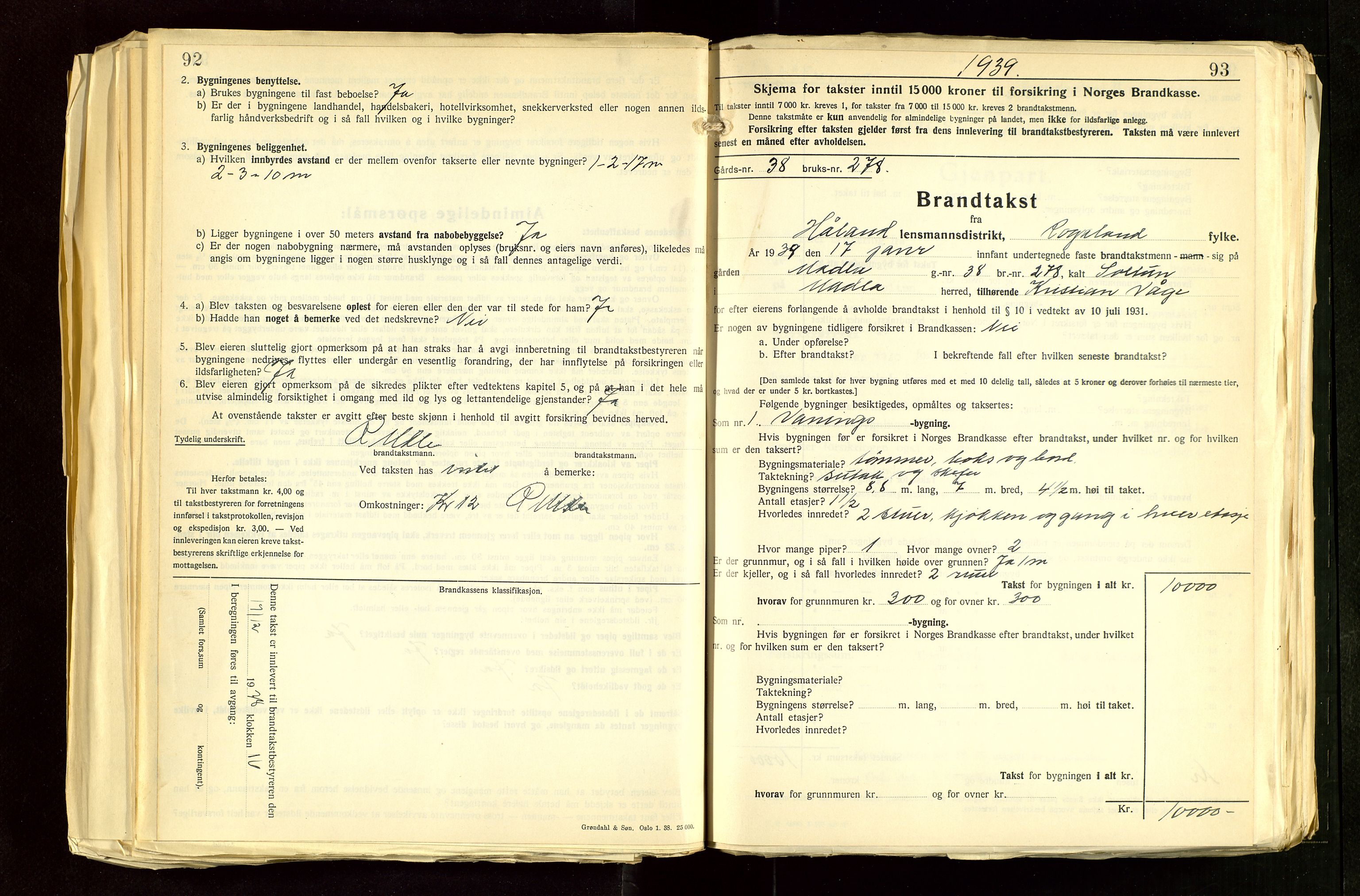 Håland lensmannskontor, SAST/A-100100/Gob/L0012: "Brandtakstprotokoll" - skjematakst. Register i boken., 1938-1941, s. 92-93