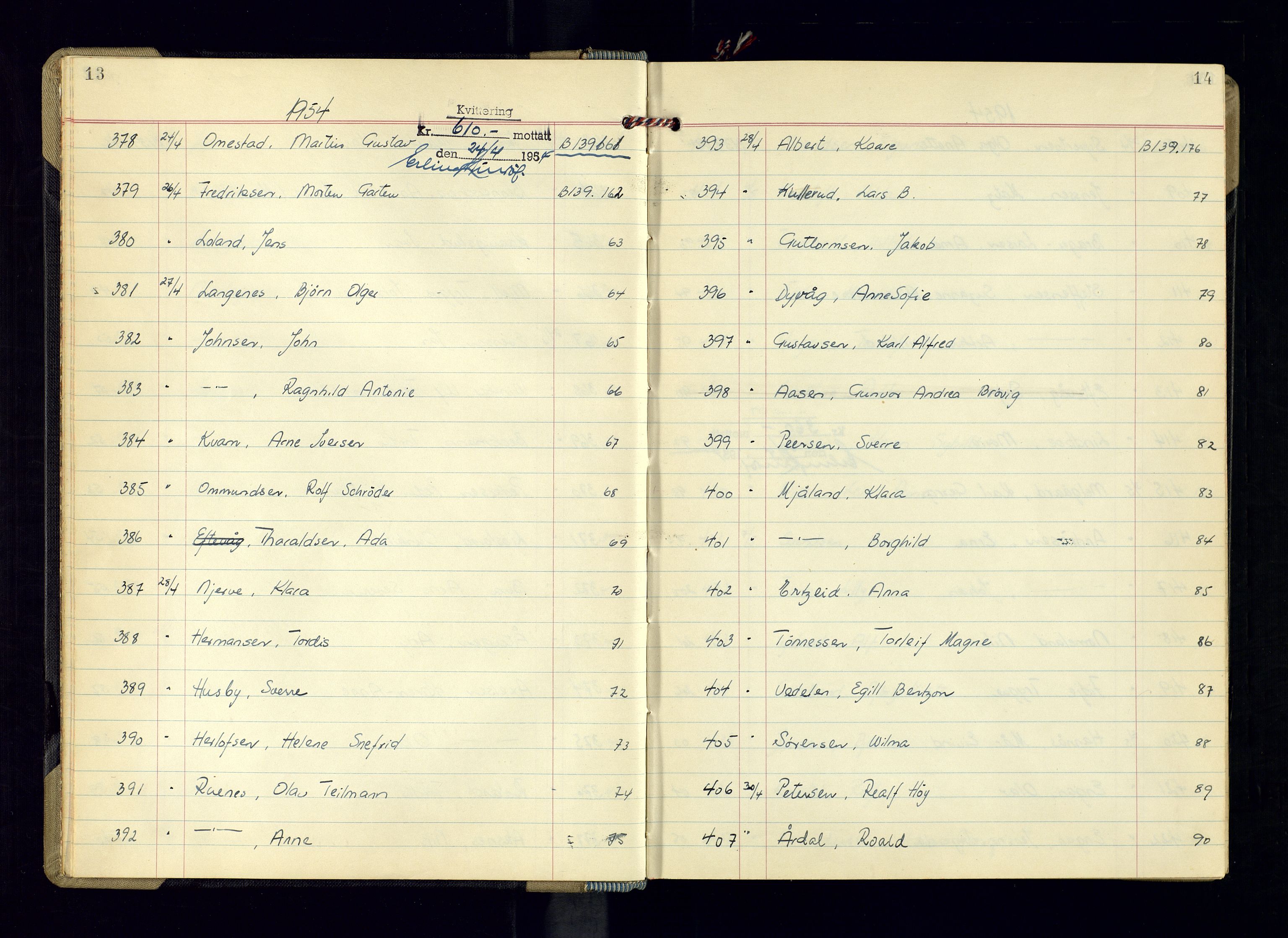 Kristiansand politikammer - 2, AV/SAK-1243-0009/K/Ka/Kaa/L0613: Passprotokoll, liste med løpenumre, 1954-1958, s. 13-14