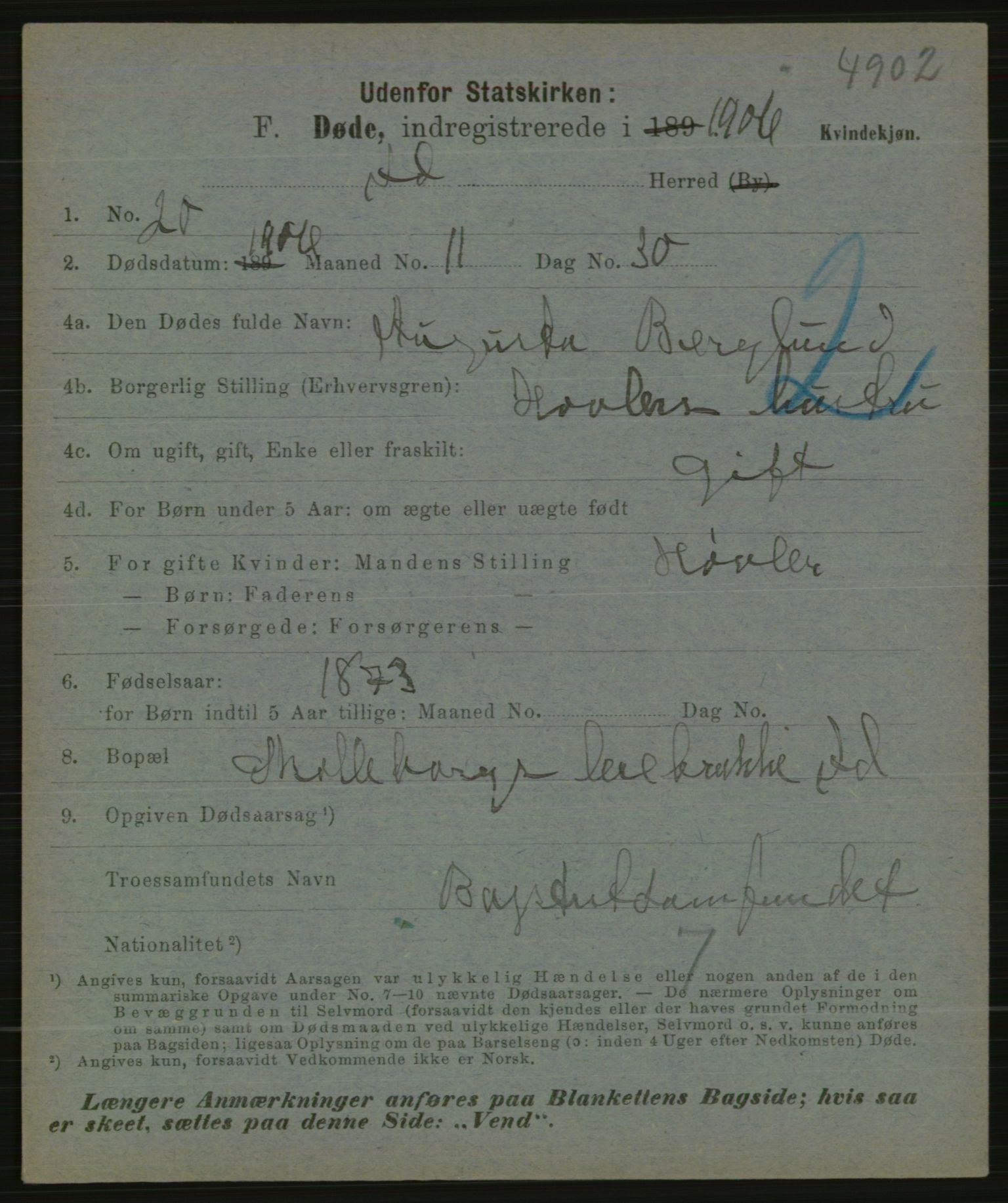 Statistisk sentralbyrå, Sosiodemografiske emner, Befolkning, AV/RA-S-2228/E/L0004: Fødte, gifte, døde dissentere., 1906, s. 2173