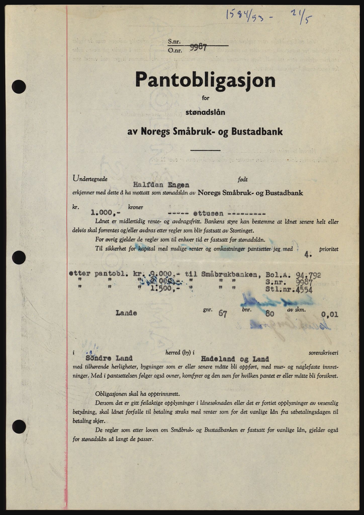 Hadeland og Land tingrett, SAH/TING-010/H/Hb/Hbc/L0027: Pantebok nr. B27, 1953-1953, Dagboknr: 1584/1953