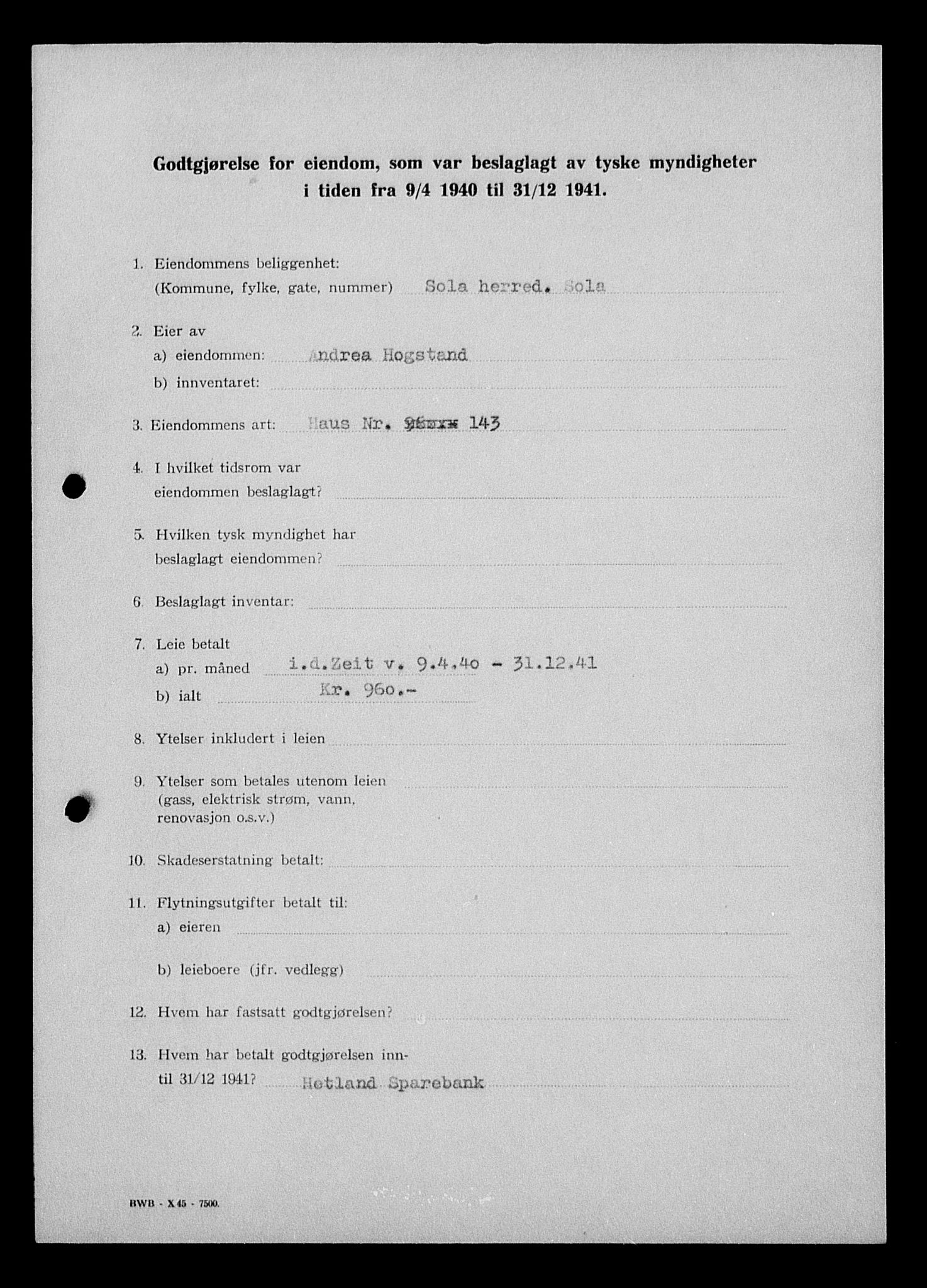Justisdepartementet, Tilbakeføringskontoret for inndratte formuer, AV/RA-S-1564/I/L1014: Godtgjørelse for beslaglagt eiendom, 1940-1941, s. 336