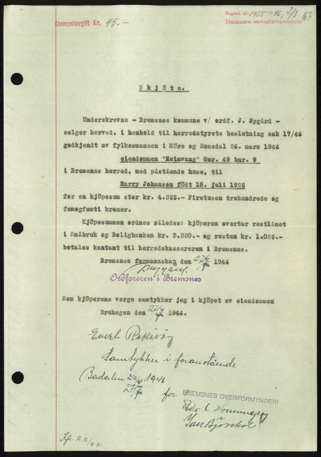 Nordmøre sorenskriveri, SAT/A-4132/1/2/2Ca: Pantebok nr. A102, 1946-1946, Dagboknr: 1455/1946