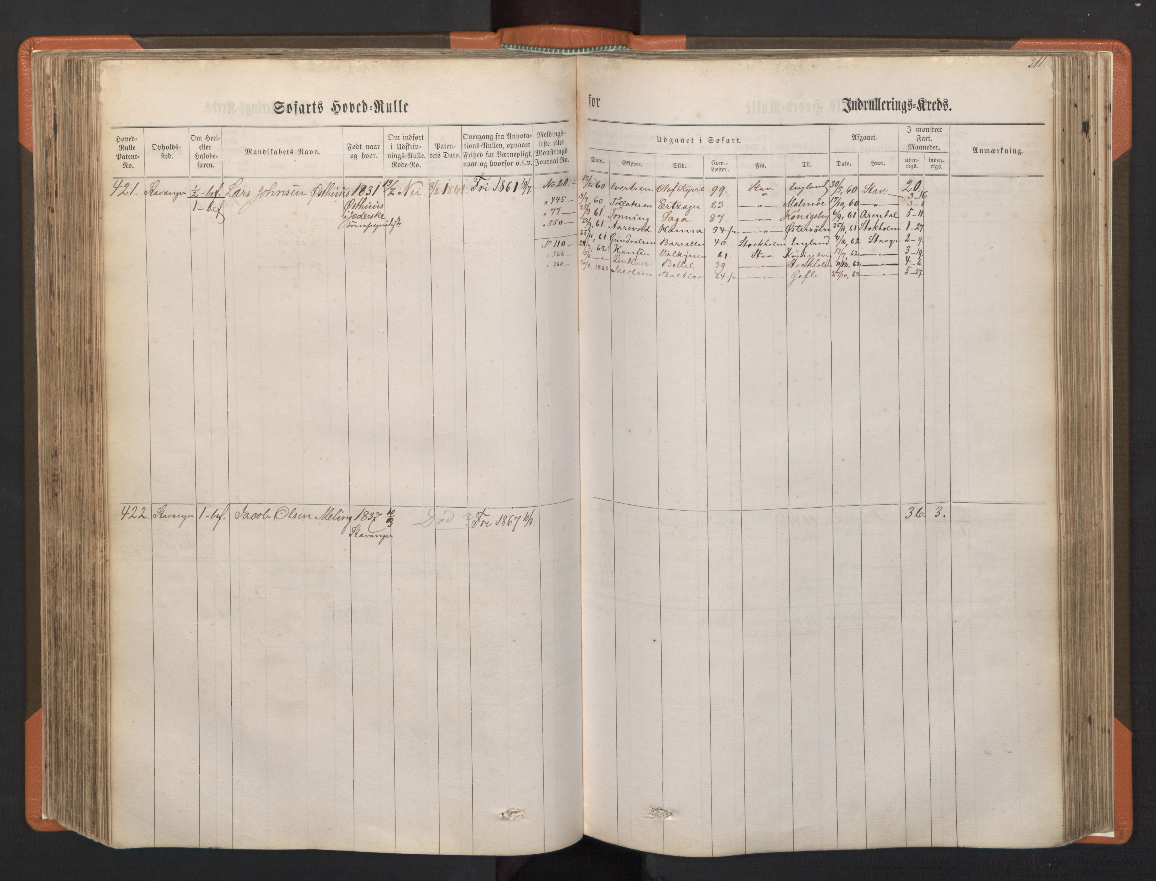 Stavanger sjømannskontor, AV/SAST-A-102006/F/Fb/Fbb/L0001: Sjøfartshovedrulle, patentnr. 1-720 (del 1), 1860-1863, s. 215