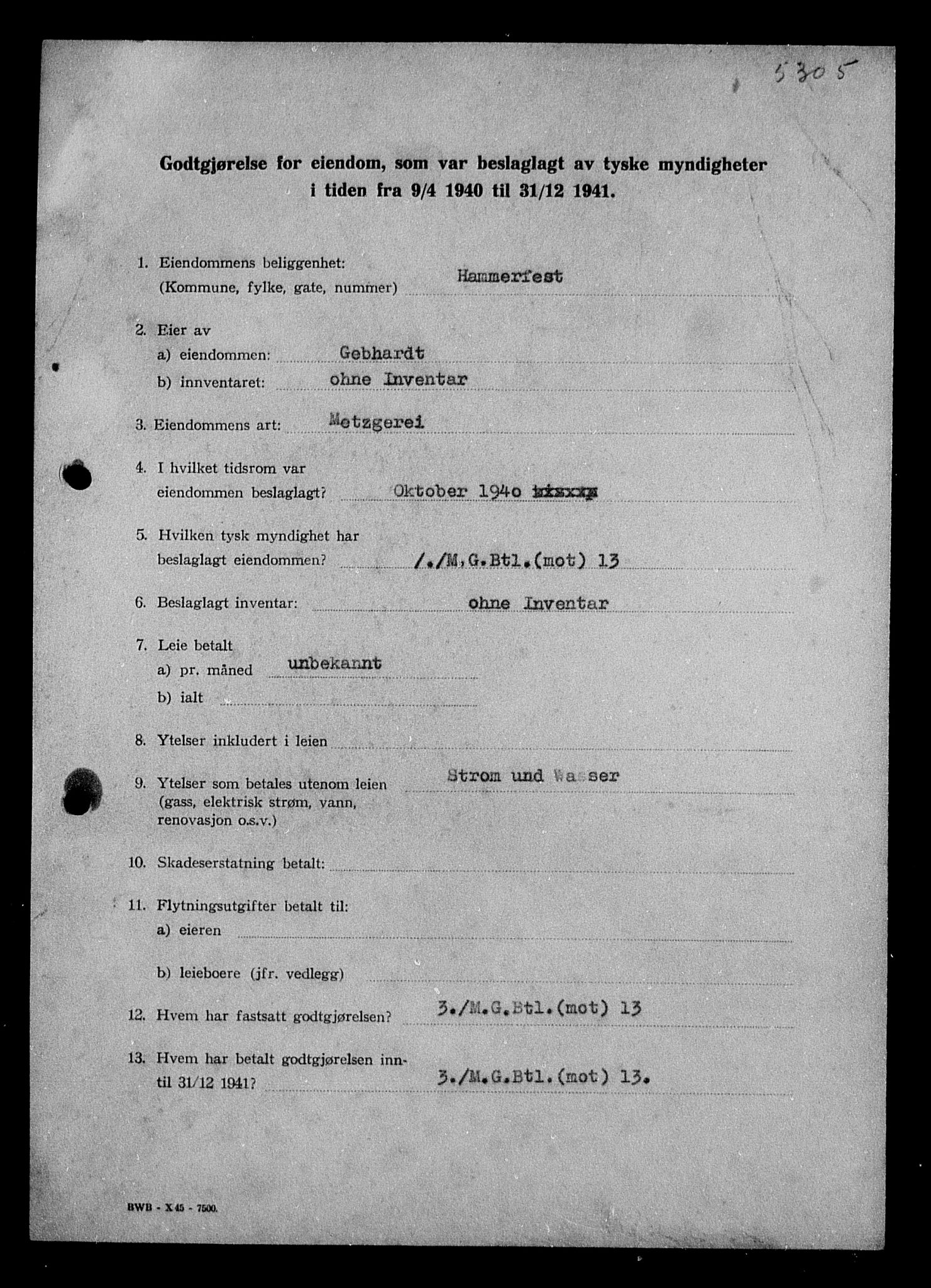 Justisdepartementet, Tilbakeføringskontoret for inndratte formuer, AV/RA-S-1564/I/L1019: Godtgjørelse for beslaglagt eiendom, 1940-1941, s. 127