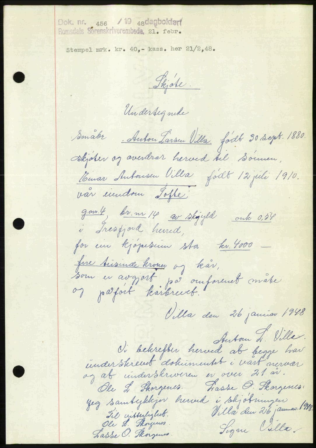 Romsdal sorenskriveri, SAT/A-4149/1/2/2C: Pantebok nr. A25, 1948-1948, Dagboknr: 456/1948