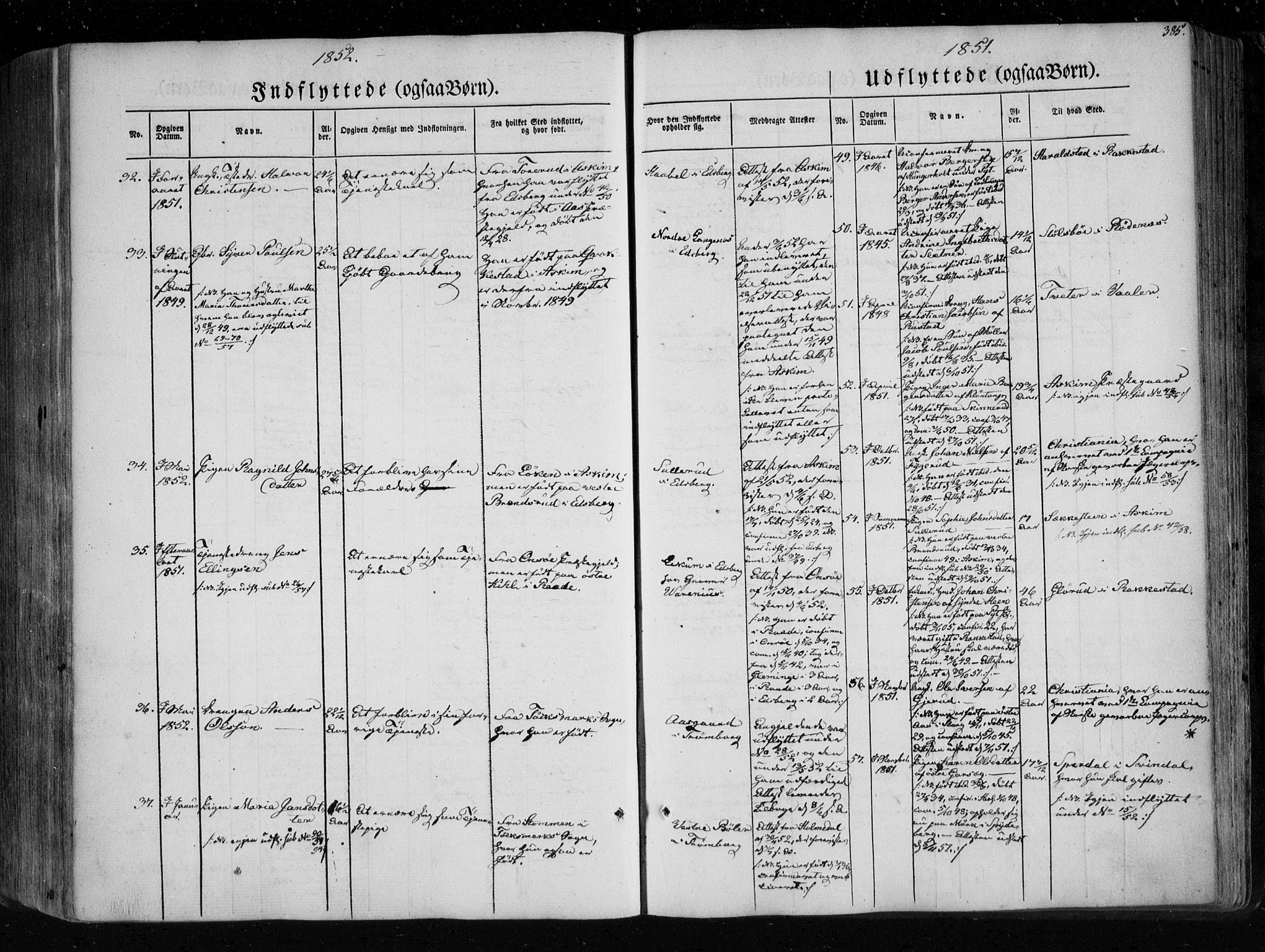 Eidsberg prestekontor Kirkebøker, AV/SAO-A-10905/F/Fa/L0009: Ministerialbok nr. I 9, 1849-1856, s. 385