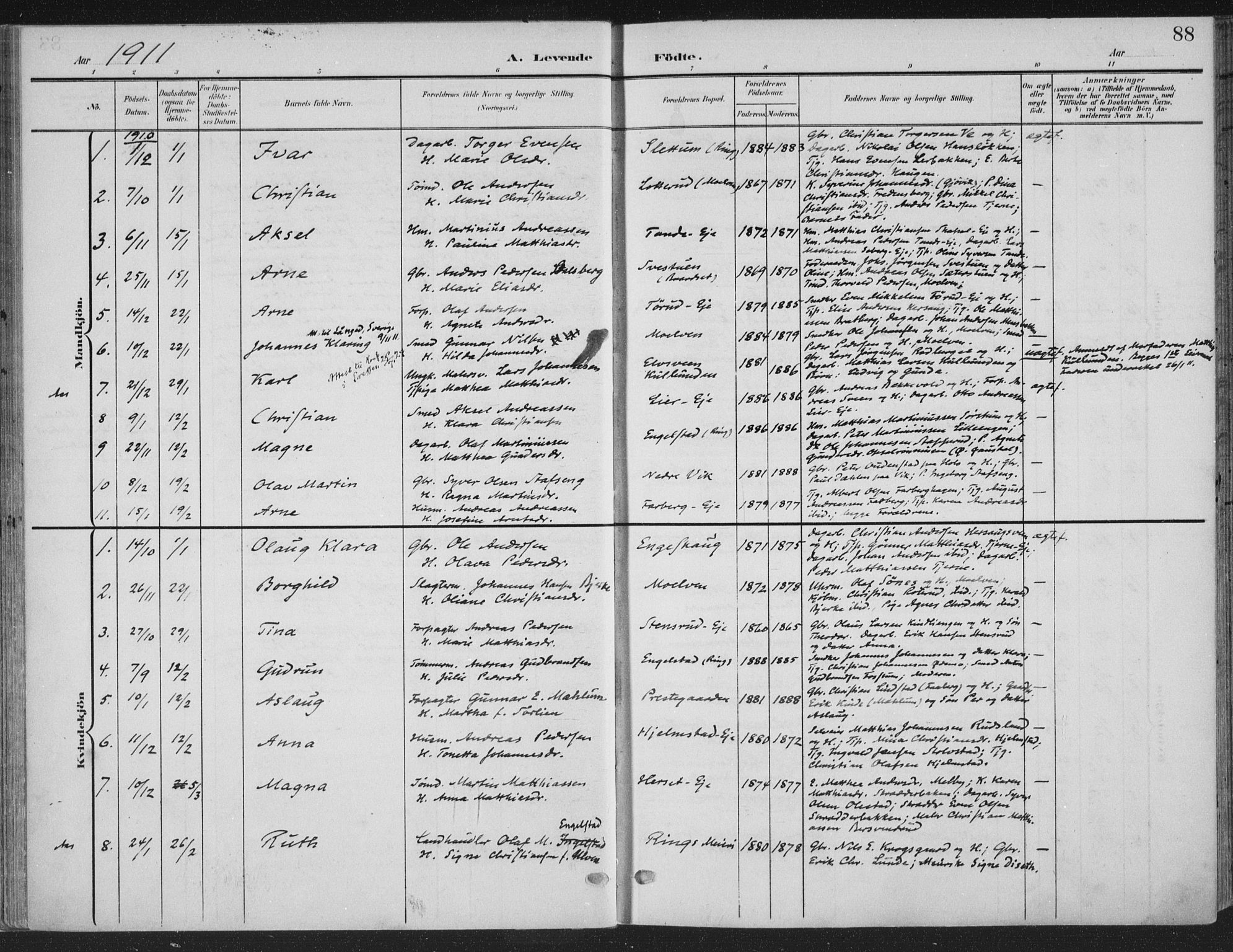 Ringsaker prestekontor, AV/SAH-PREST-014/K/Ka/L0018: Ministerialbok nr. 18, 1903-1912, s. 88