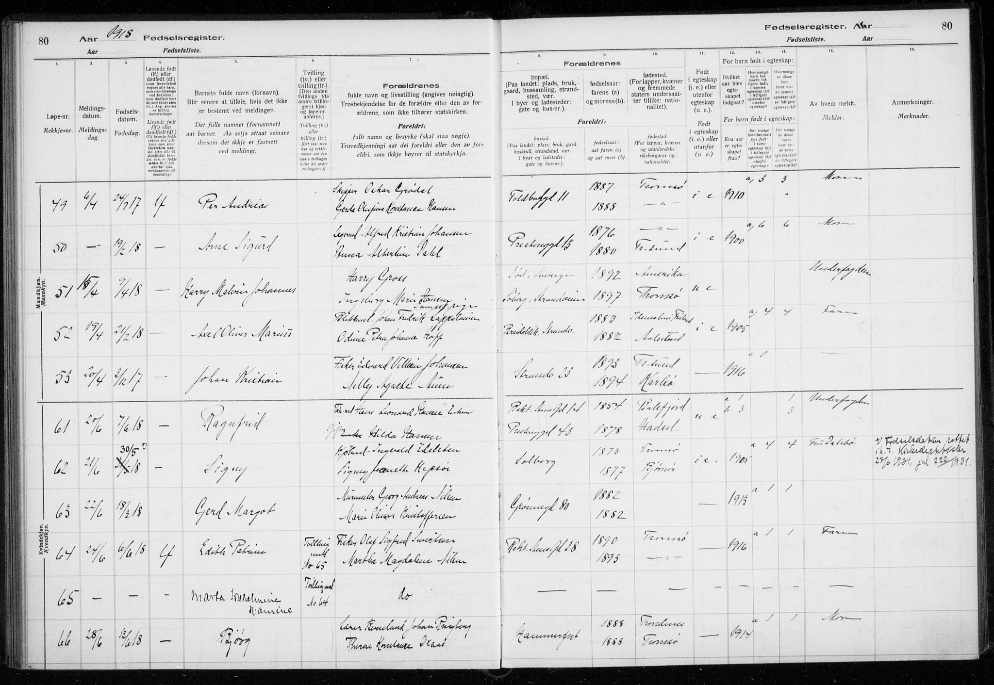 Tromsø sokneprestkontor/stiftsprosti/domprosti, AV/SATØ-S-1343/H/Ha/L0131: Fødselsregister nr. 131, 1916-1921, s. 80