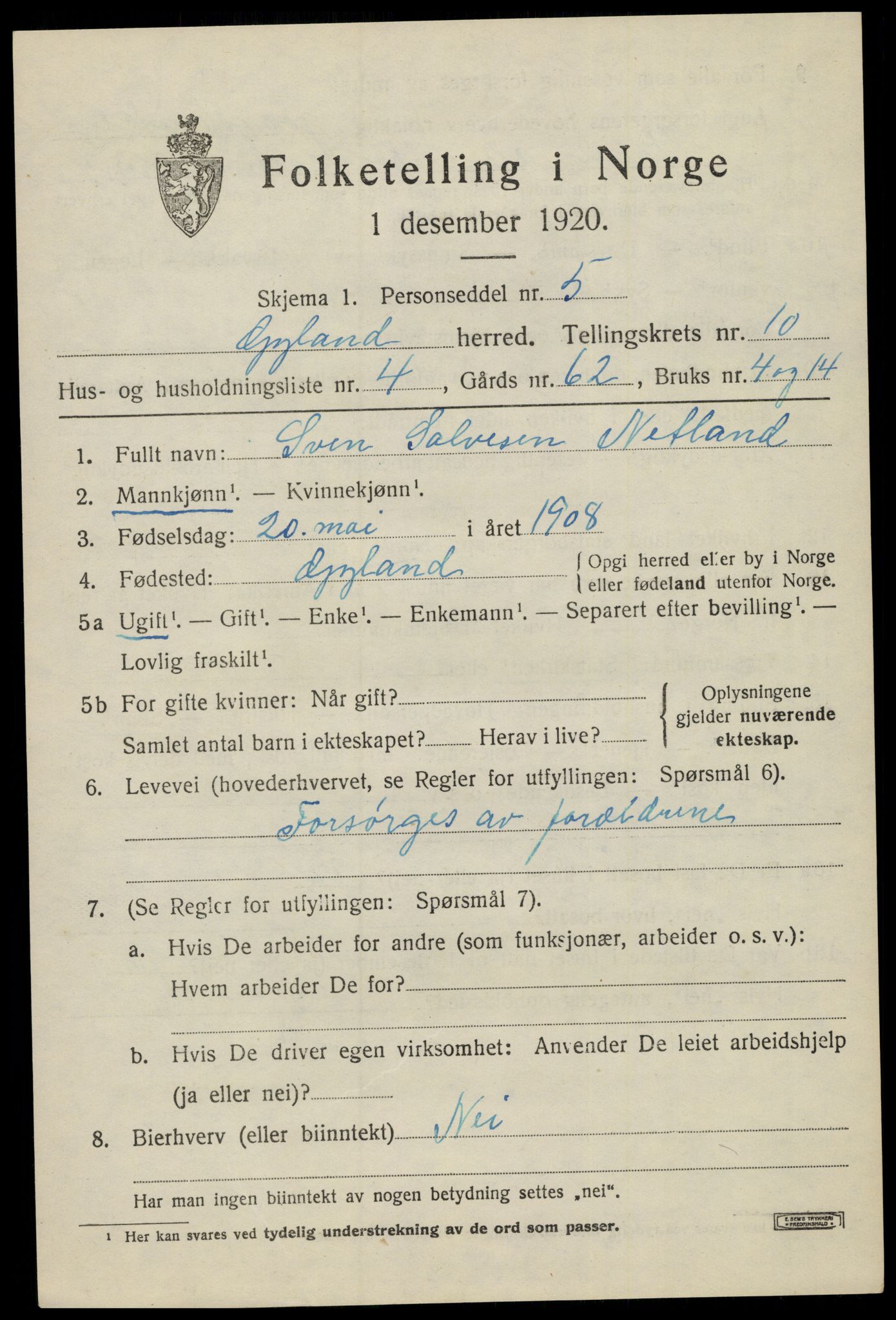 SAK, Folketelling 1920 for 1044 Gyland herred, 1920, s. 2212