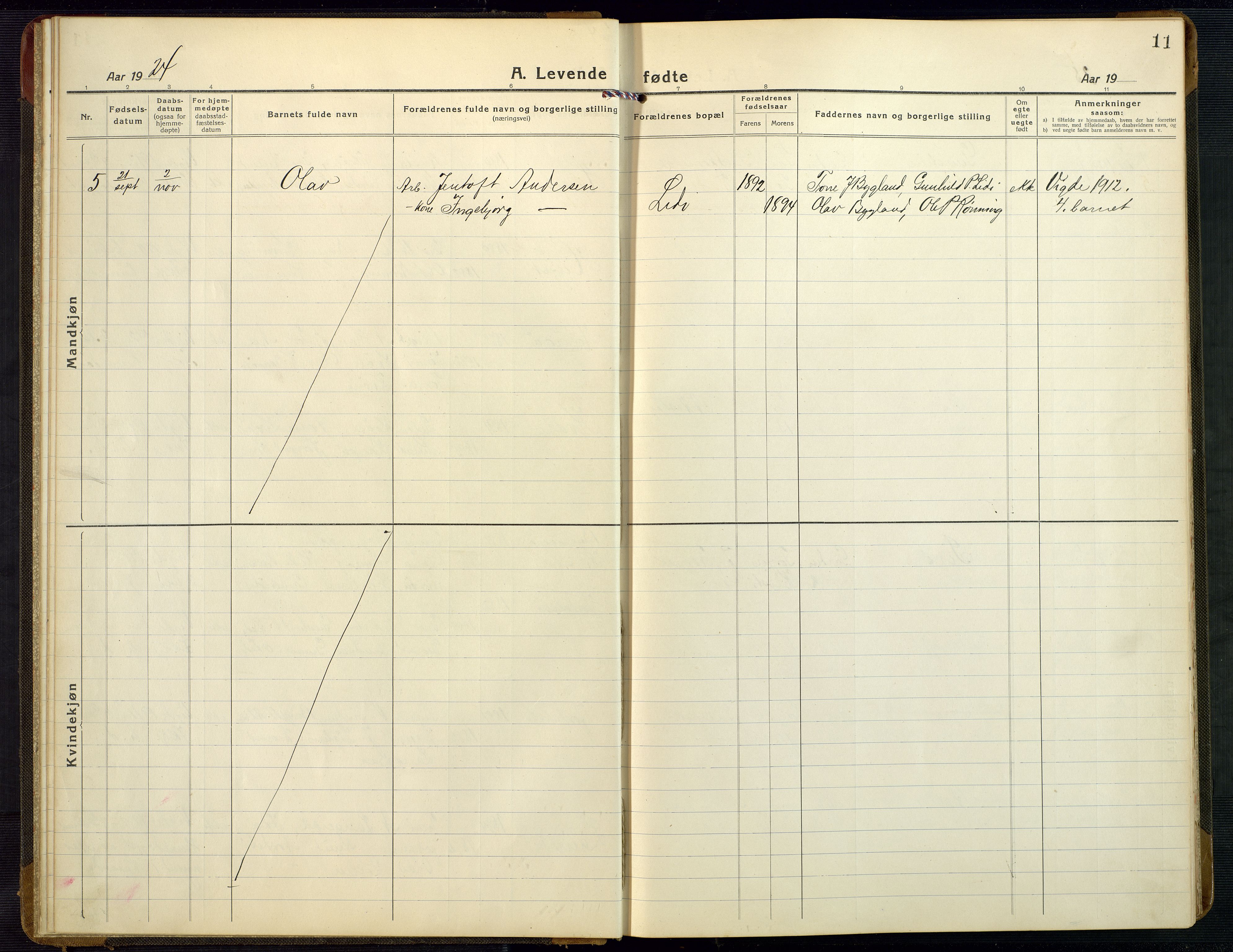 Bygland sokneprestkontor, AV/SAK-1111-0006/F/Fb/Fbb/L0005: Klokkerbok nr. B 5, 1920-1955, s. 11