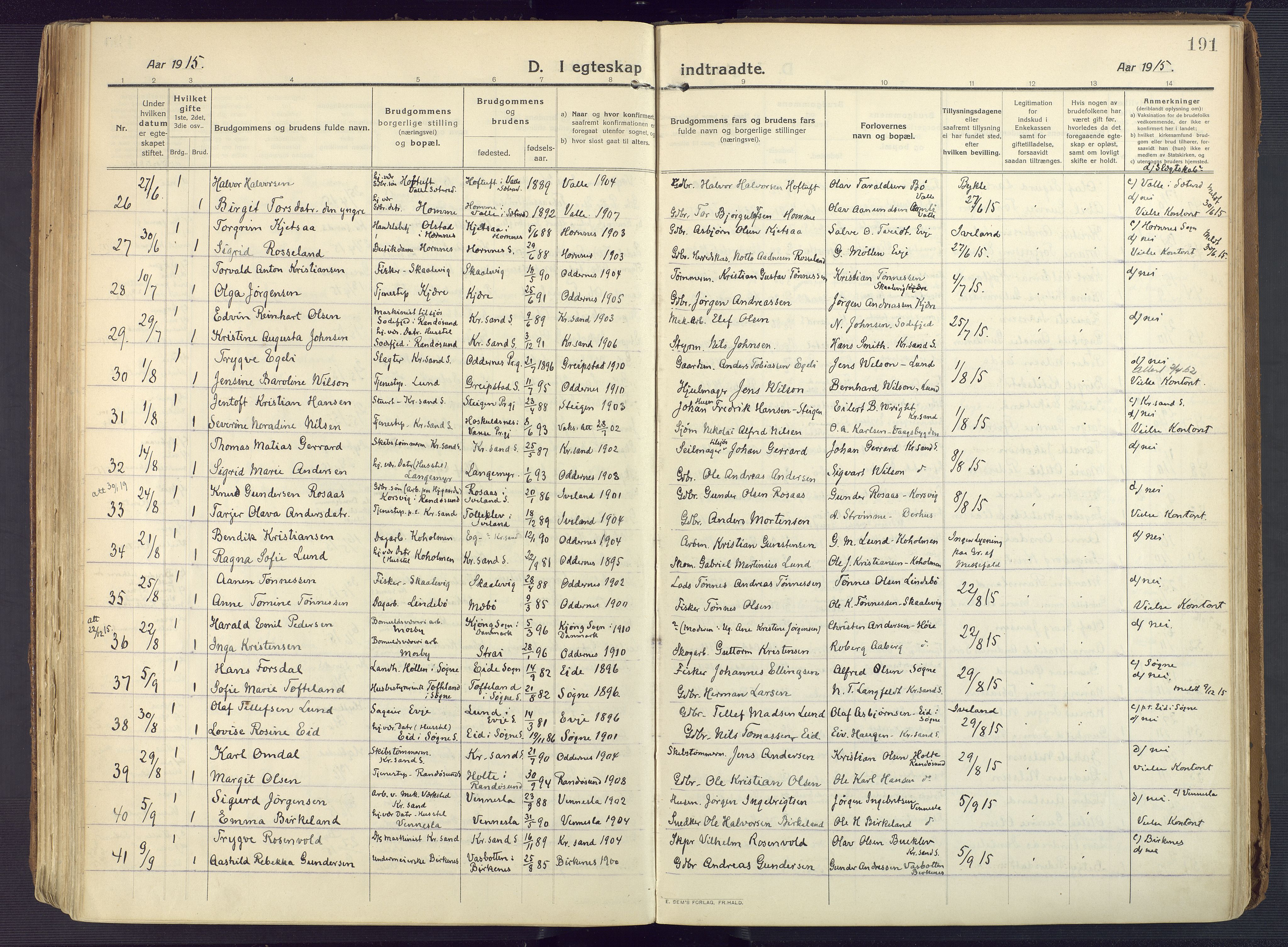 Oddernes sokneprestkontor, AV/SAK-1111-0033/F/Fa/Faa/L0012: Ministerialbok nr. A 12, 1912-1925, s. 191