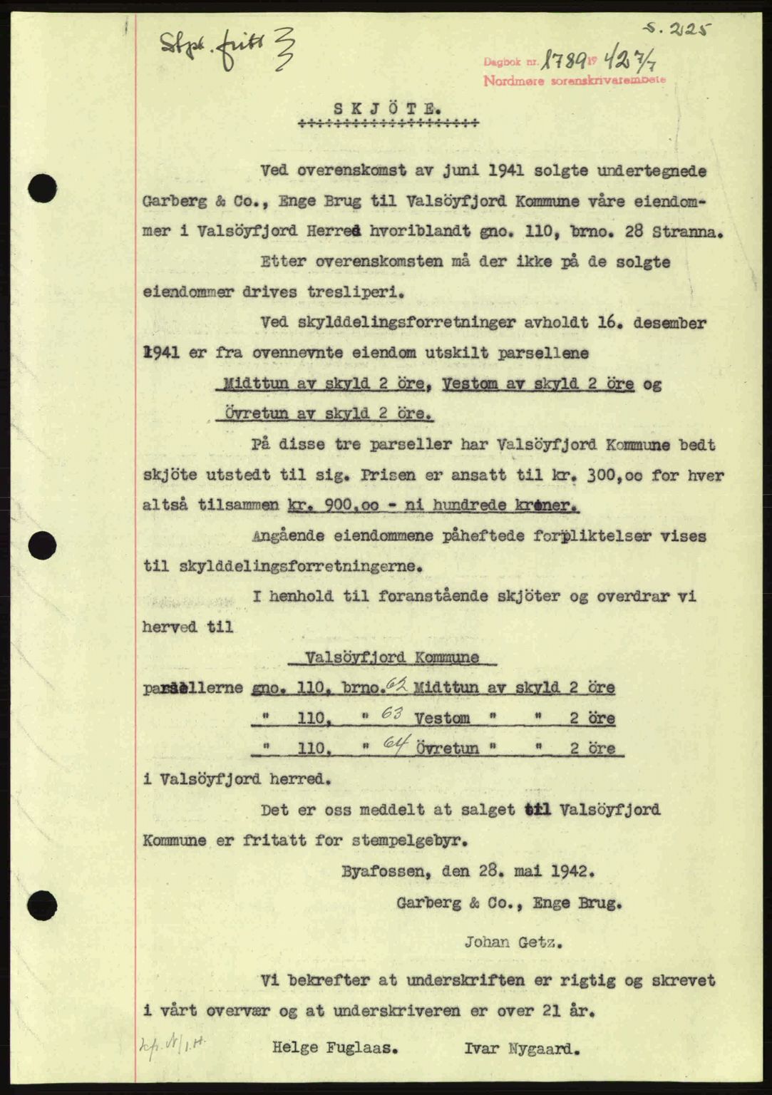 Nordmøre sorenskriveri, SAT/A-4132/1/2/2Ca: Pantebok nr. A93, 1942-1942, Dagboknr: 1789/1942