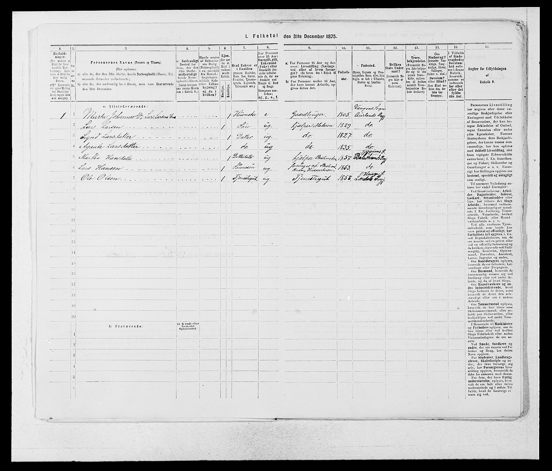 SAB, Folketelling 1875 for 1421P Aurland prestegjeld, 1875, s. 22