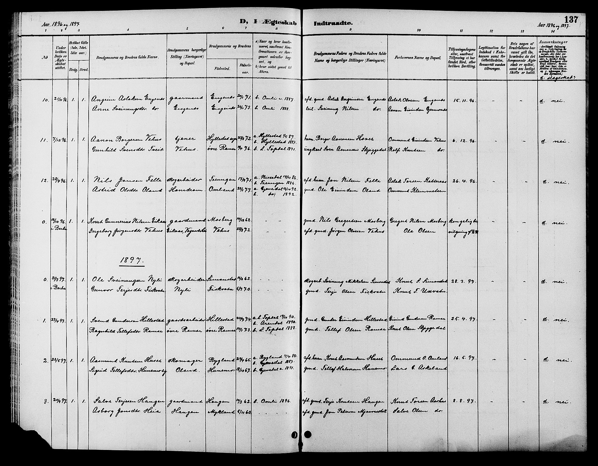 Åmli sokneprestkontor, SAK/1111-0050/F/Fb/Fbc/L0004: Klokkerbok nr. B 4, 1889-1902, s. 137