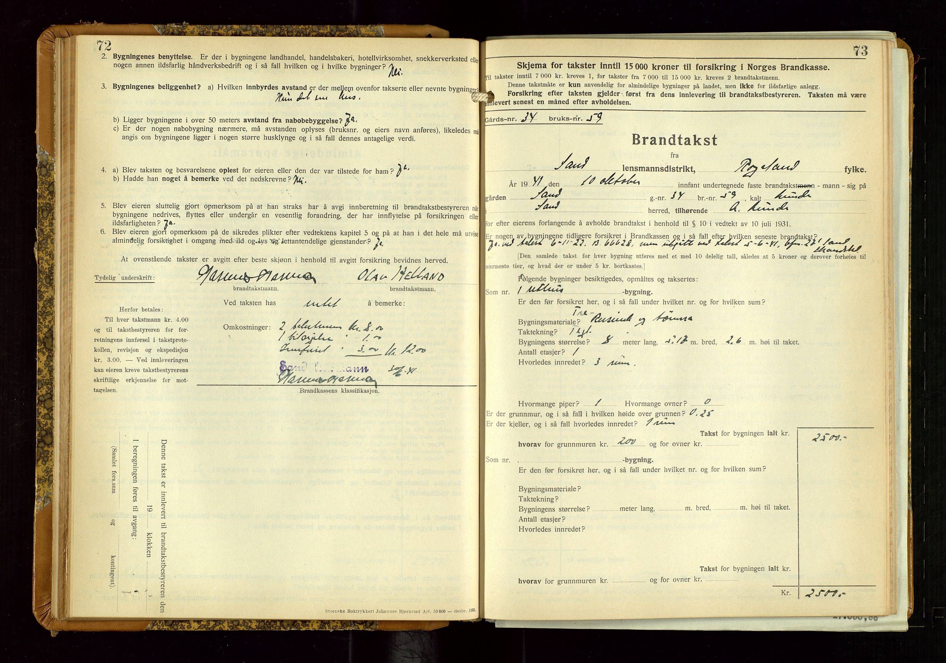 Sand lensmannskontor, AV/SAST-A-100415/Goc/L0002: "Brandtaxationsprotokol", 1936-1952, s. 72-73