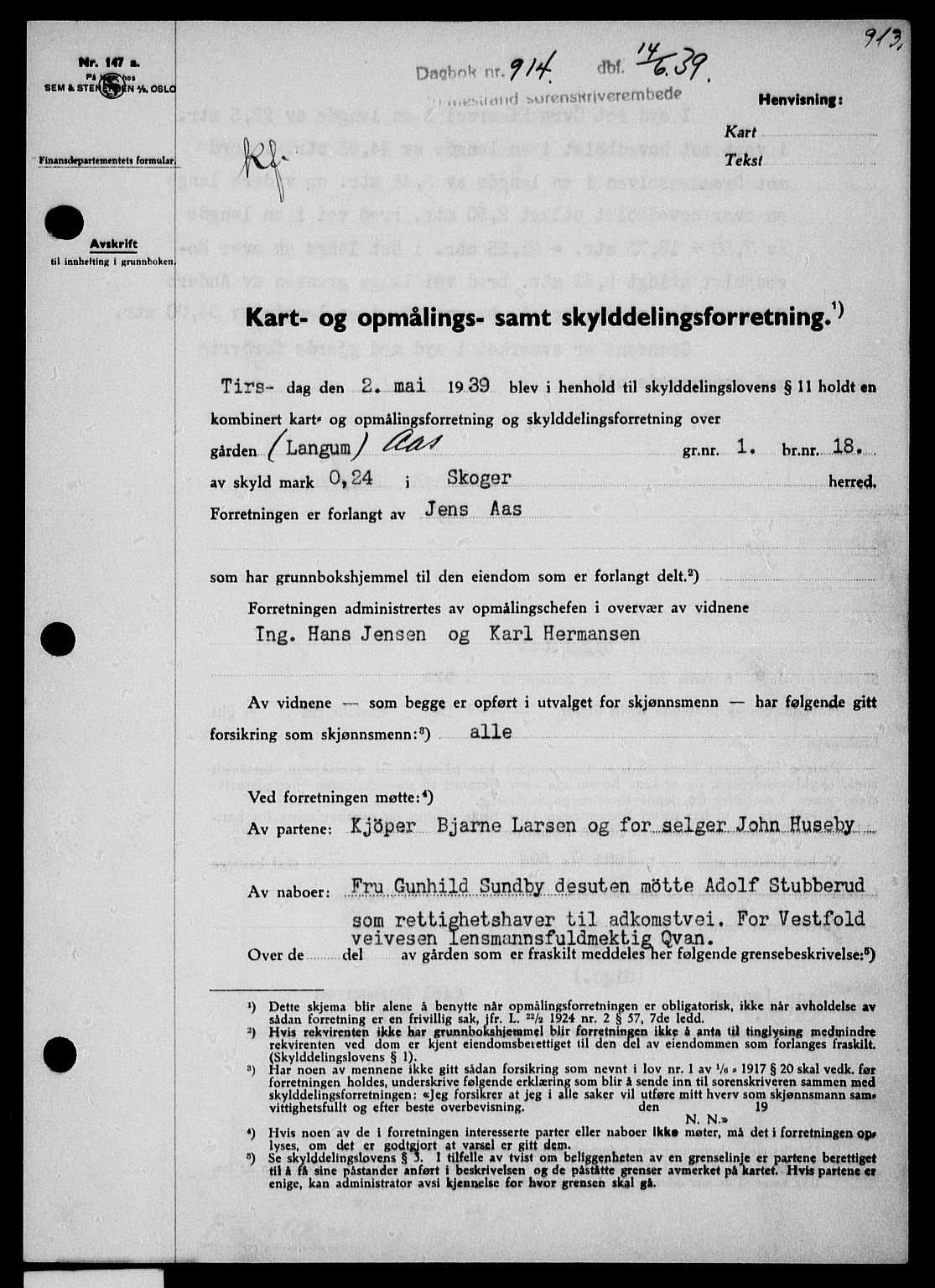Holmestrand sorenskriveri, SAKO/A-67/G/Ga/Gaa/L0050: Pantebok nr. A-50, 1938-1939, Dagboknr: 914/1939