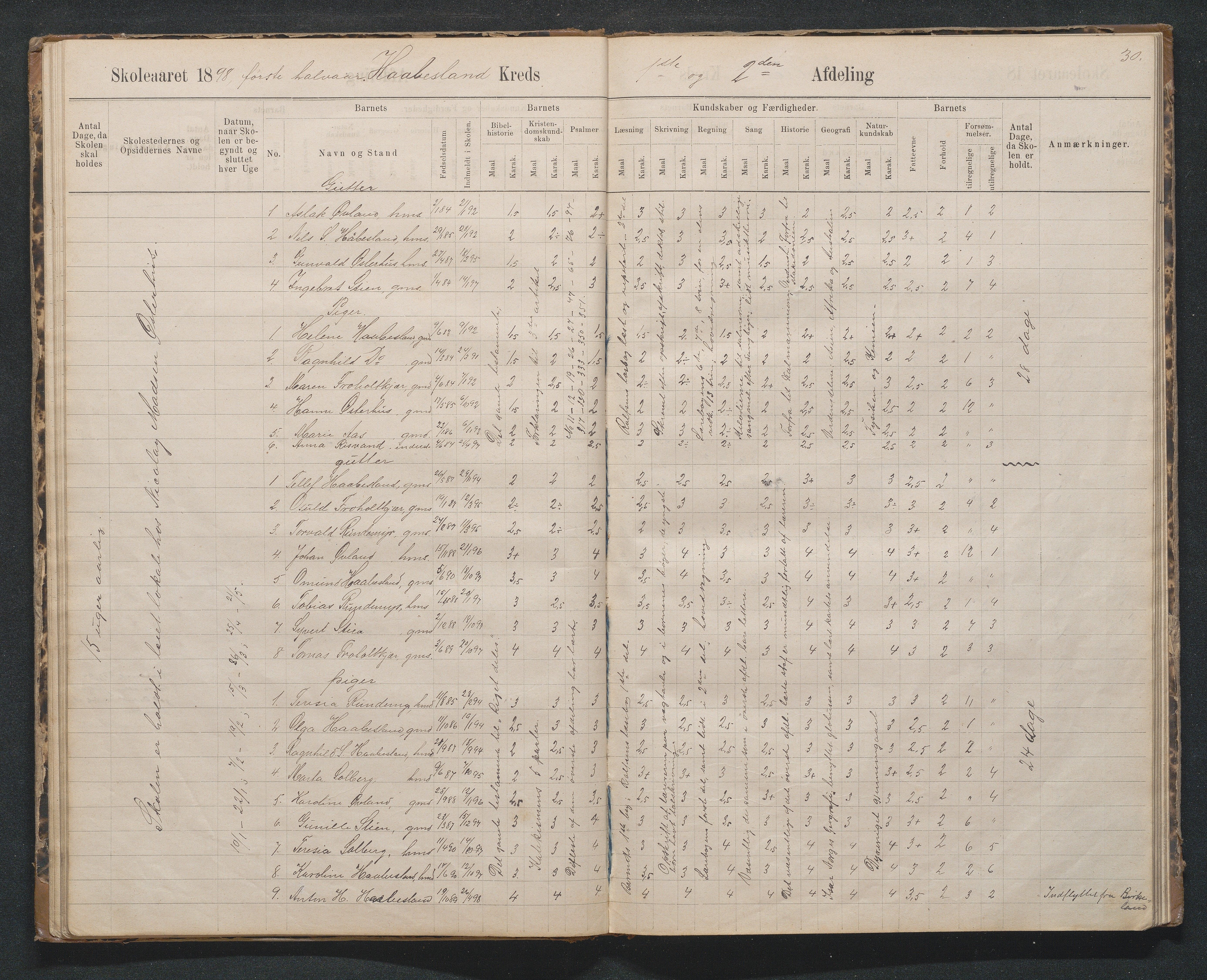 Birkenes kommune, Håbesland, Holte og Rislå skolekretser frem til 1991, AAKS/KA0928-550c_91/F02/L0002: Skoleprotokoll Håbesland, Holte og Rislå, 1888-1917, s. 30