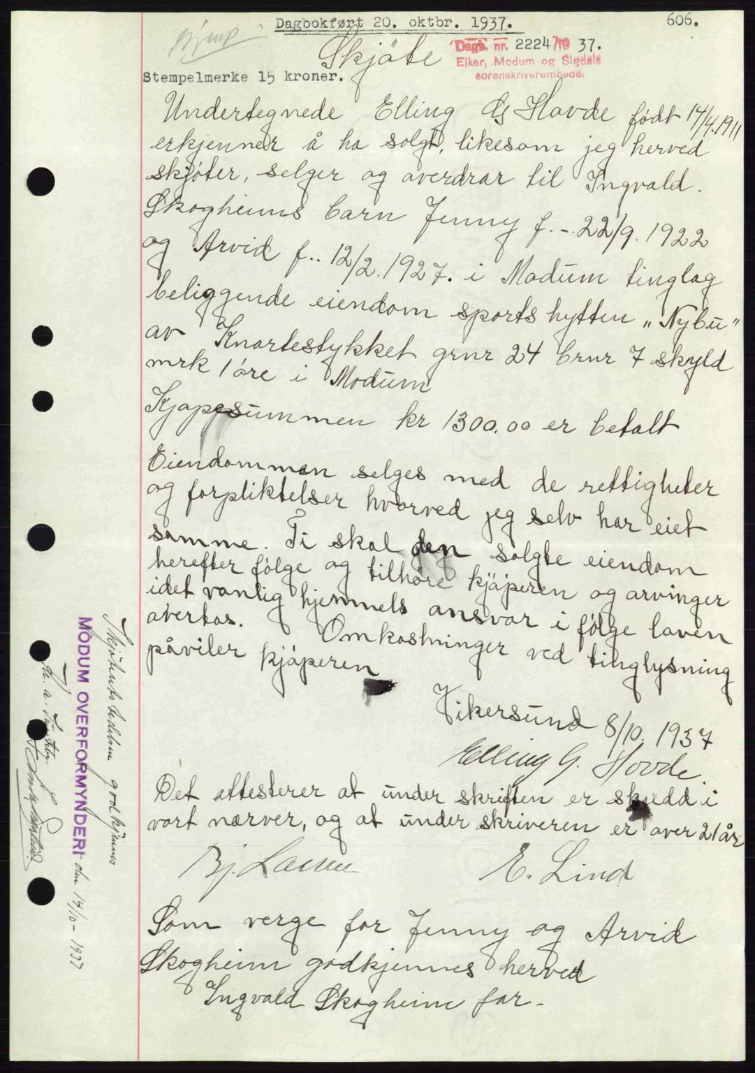 Eiker, Modum og Sigdal sorenskriveri, SAKO/A-123/G/Ga/Gab/L0036: Pantebok nr. A6, 1937-1937, Dagboknr: 2224/1937
