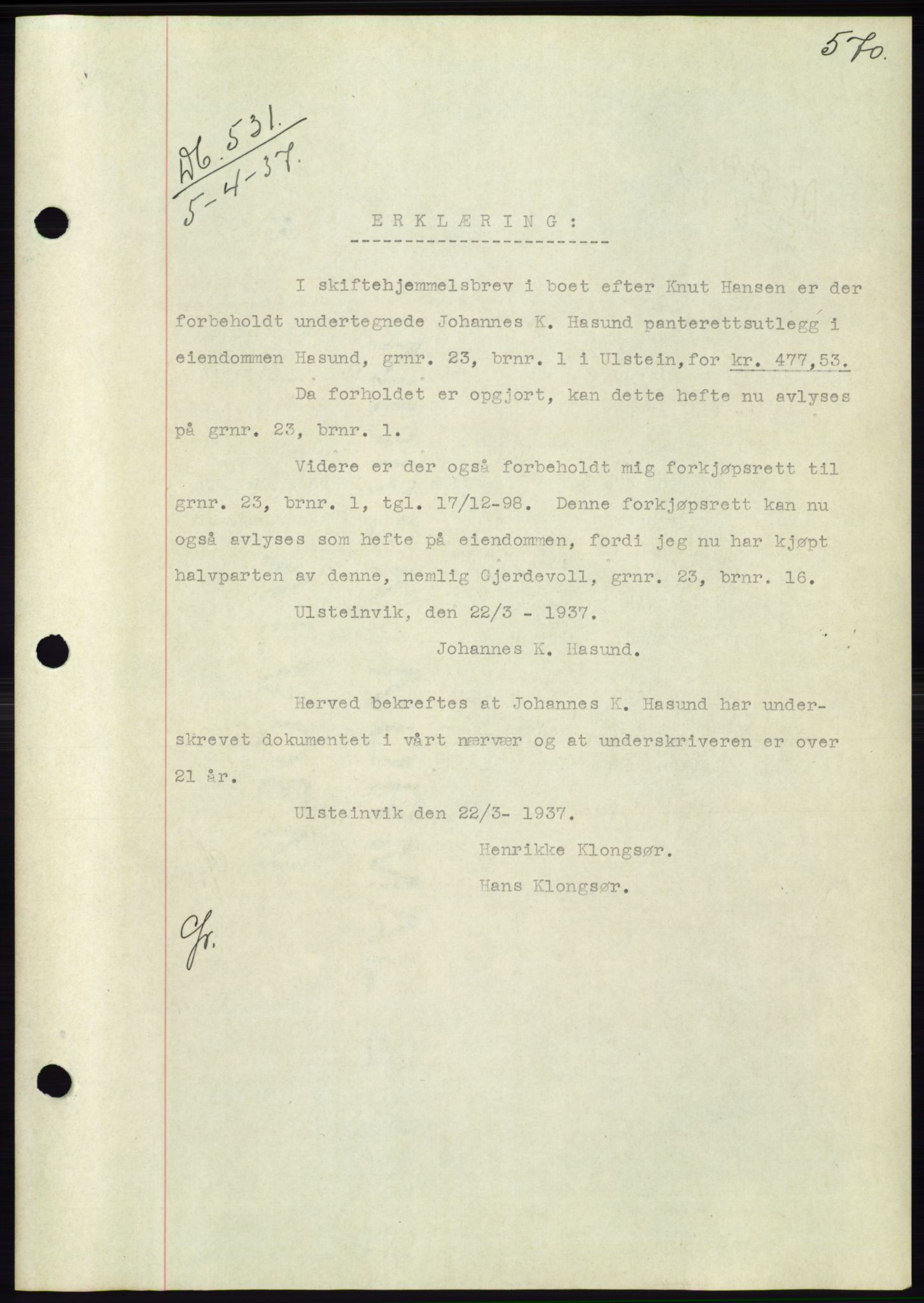 Søre Sunnmøre sorenskriveri, SAT/A-4122/1/2/2C/L0062: Pantebok nr. 56, 1936-1937, Dagboknr: 531/1937