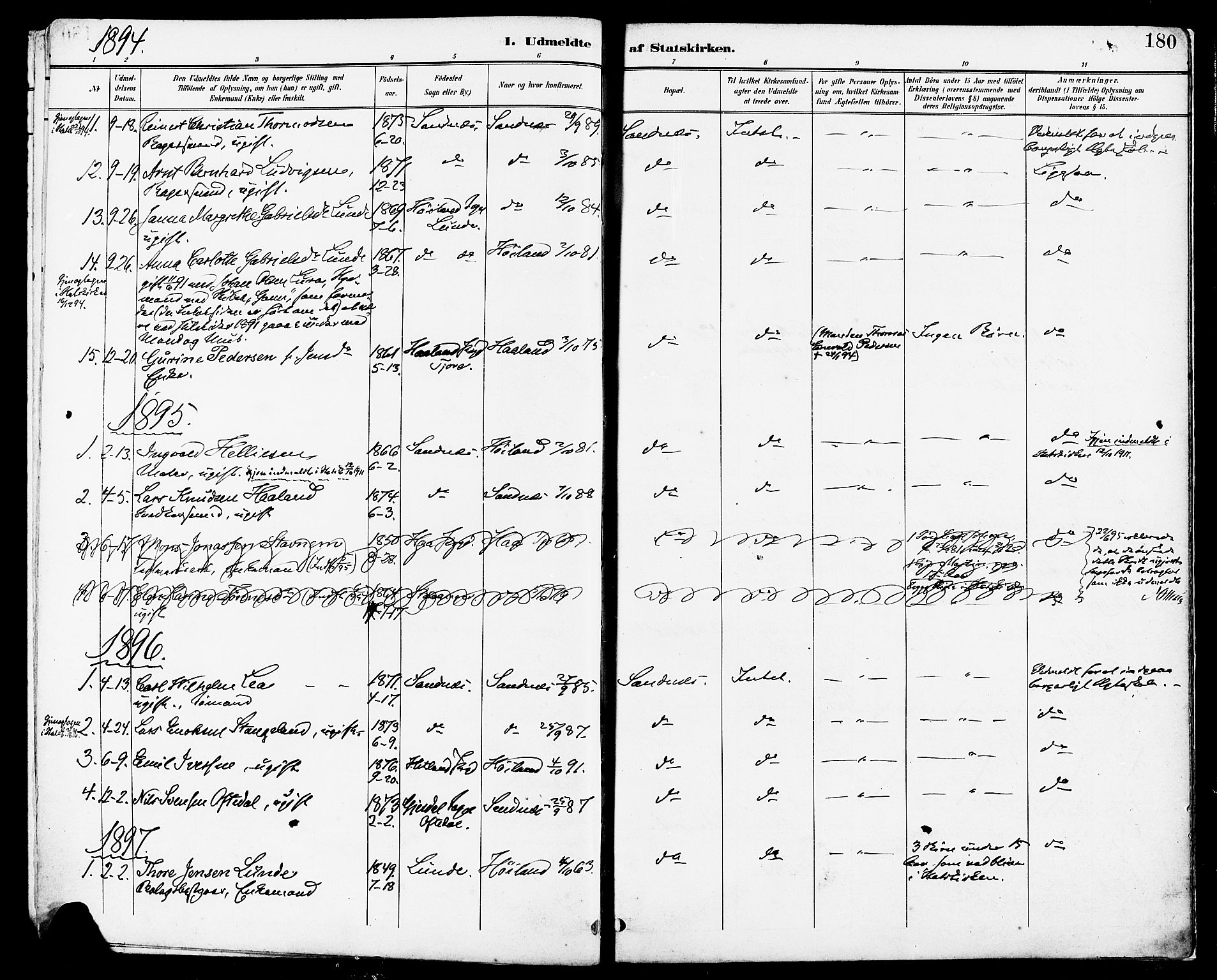 Høyland sokneprestkontor, AV/SAST-A-101799/001/30BA/L0014: Ministerialbok nr. A 12, 1890-1898, s. 180