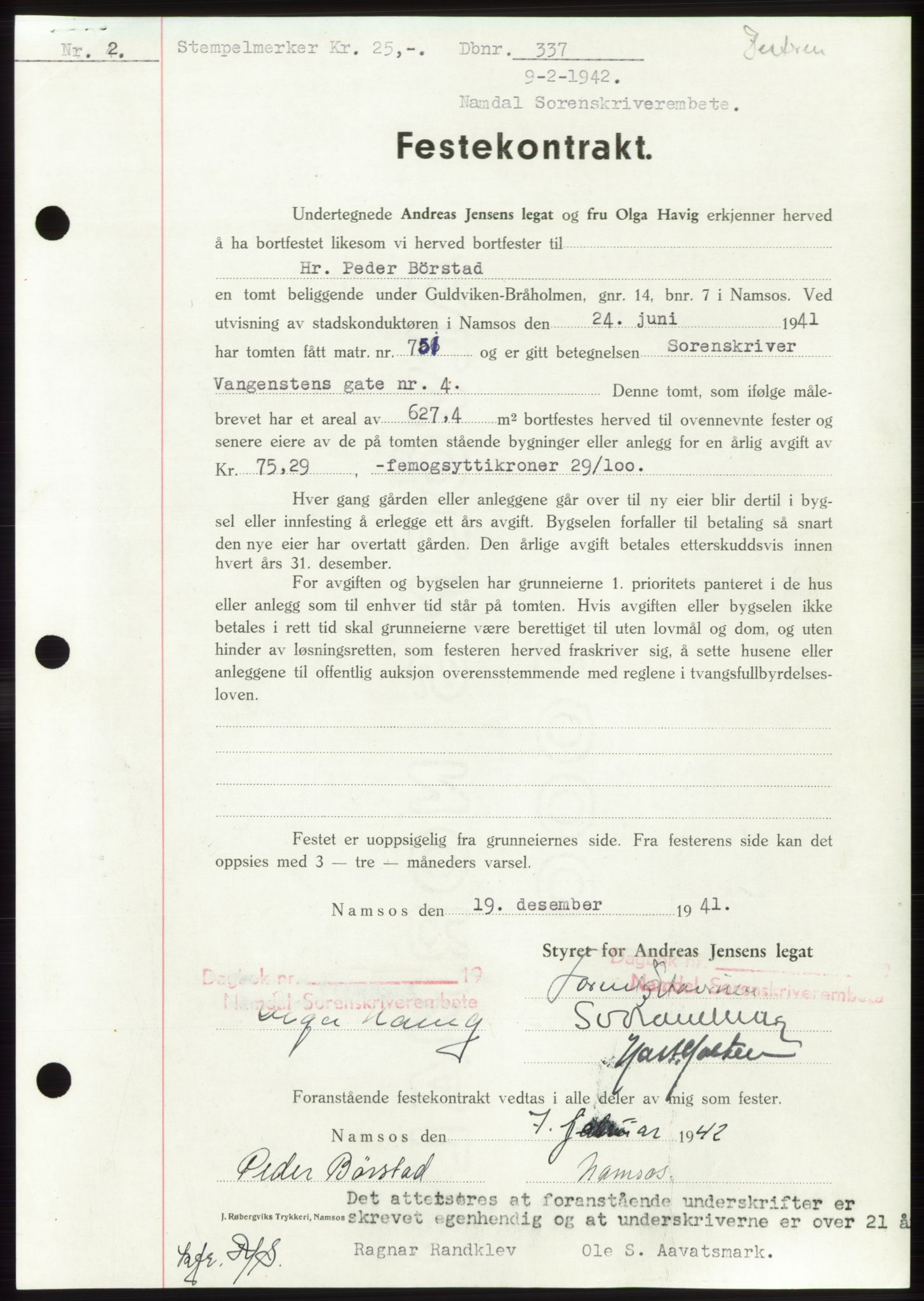 Namdal sorenskriveri, SAT/A-4133/1/2/2C: Pantebok nr. -, 1941-1942, Dagboknr: 337/1942