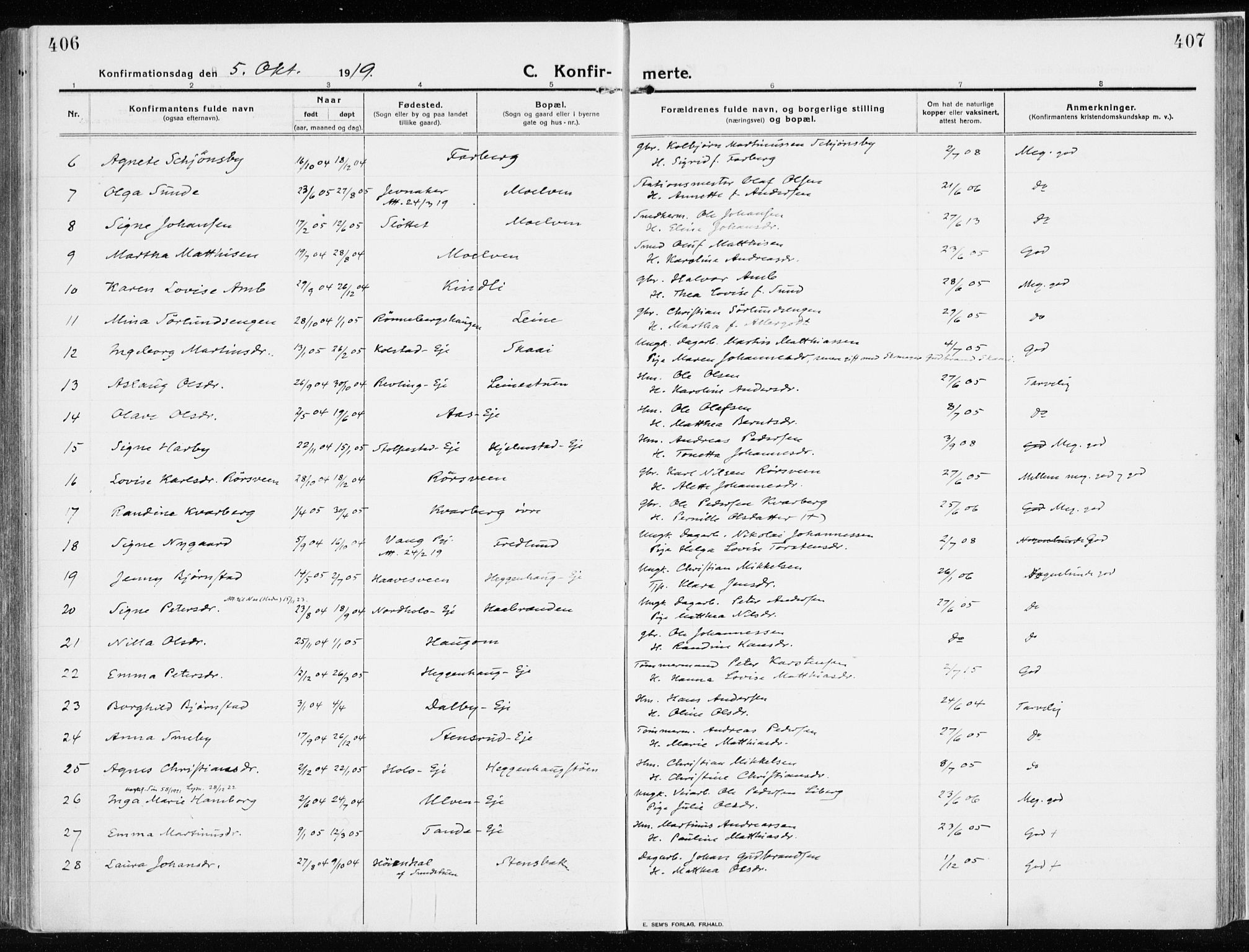 Ringsaker prestekontor, AV/SAH-PREST-014/K/Ka/L0020: Ministerialbok nr. 20, 1913-1922, s. 406-407