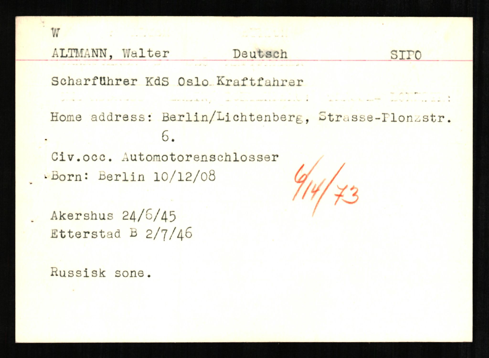 Forsvaret, Forsvarets overkommando II, AV/RA-RAFA-3915/D/Db/L0001: CI Questionaires. Tyske okkupasjonsstyrker i Norge. Tyskere., 1945-1946, s. 179