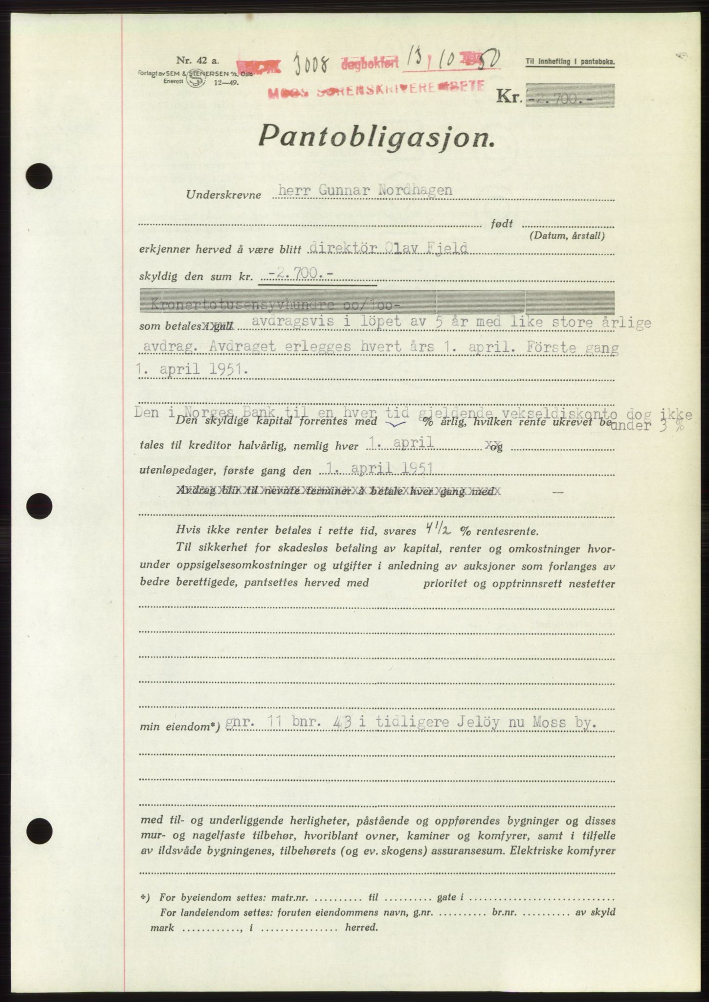 Moss sorenskriveri, SAO/A-10168: Pantebok nr. B25, 1950-1950, Dagboknr: 3008/1950