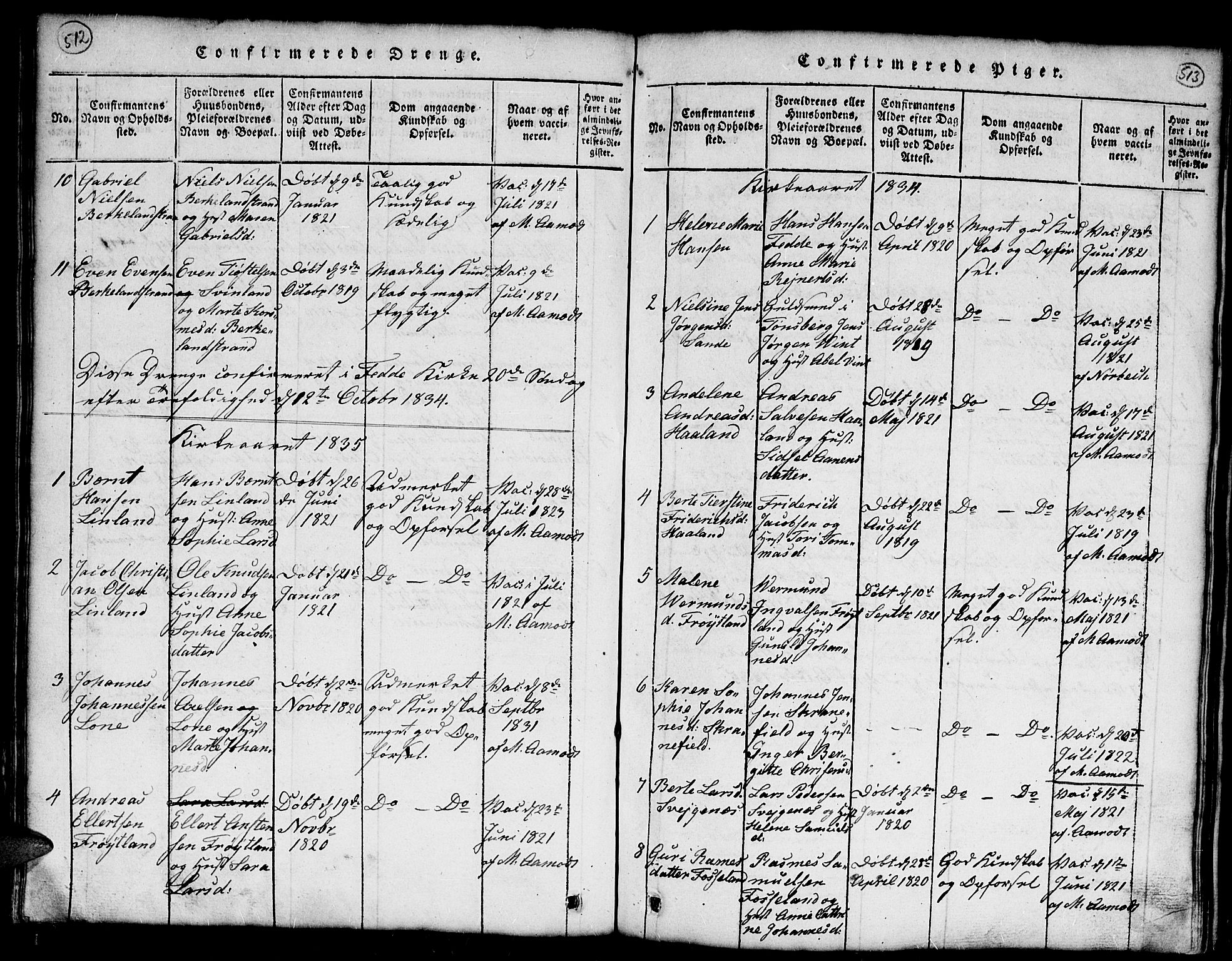 Kvinesdal sokneprestkontor, SAK/1111-0026/F/Fb/Fba/L0001: Klokkerbok nr. B 1, 1815-1839, s. 512-513