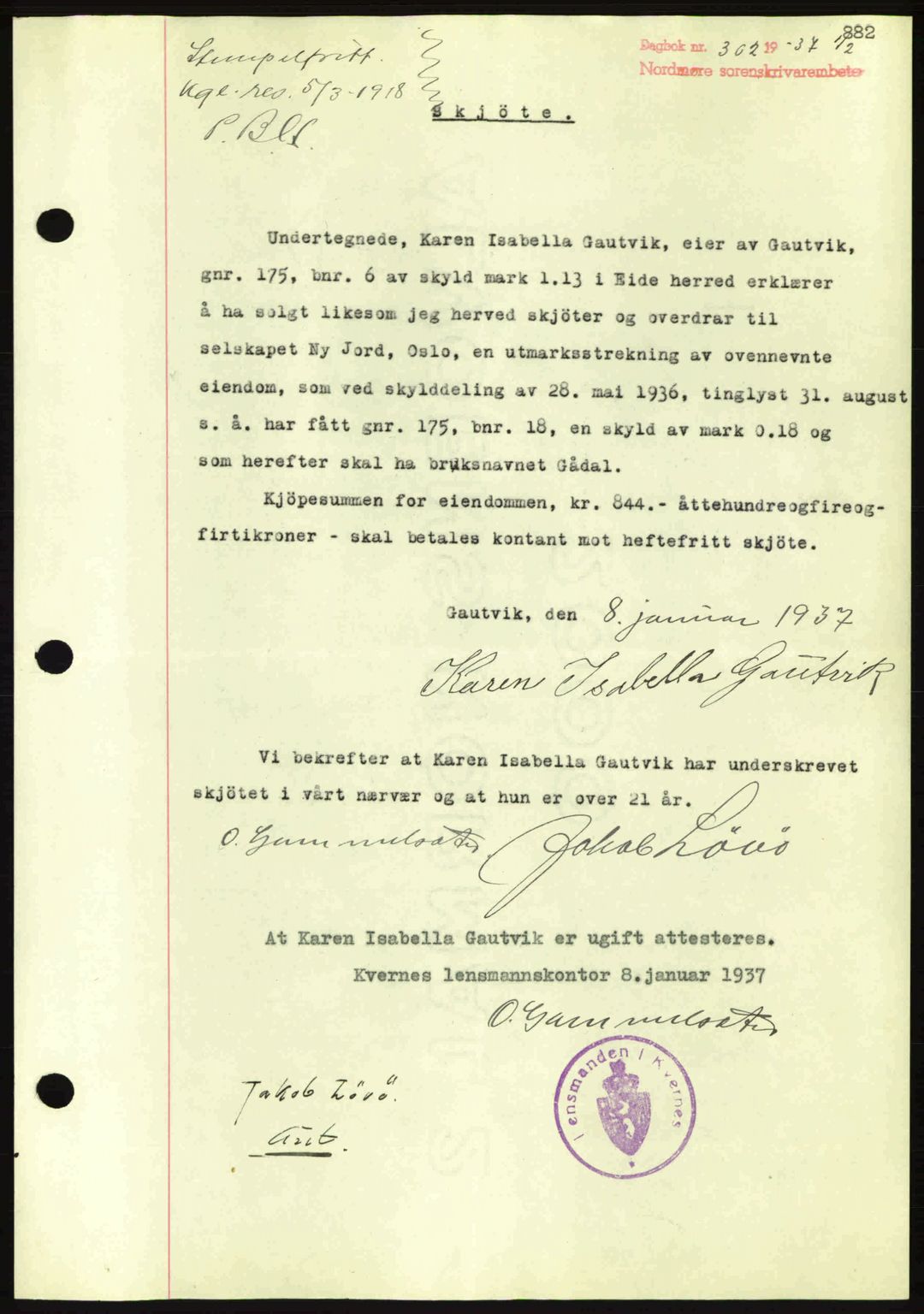 Nordmøre sorenskriveri, SAT/A-4132/1/2/2Ca: Pantebok nr. A80, 1936-1937, Dagboknr: 302/1937