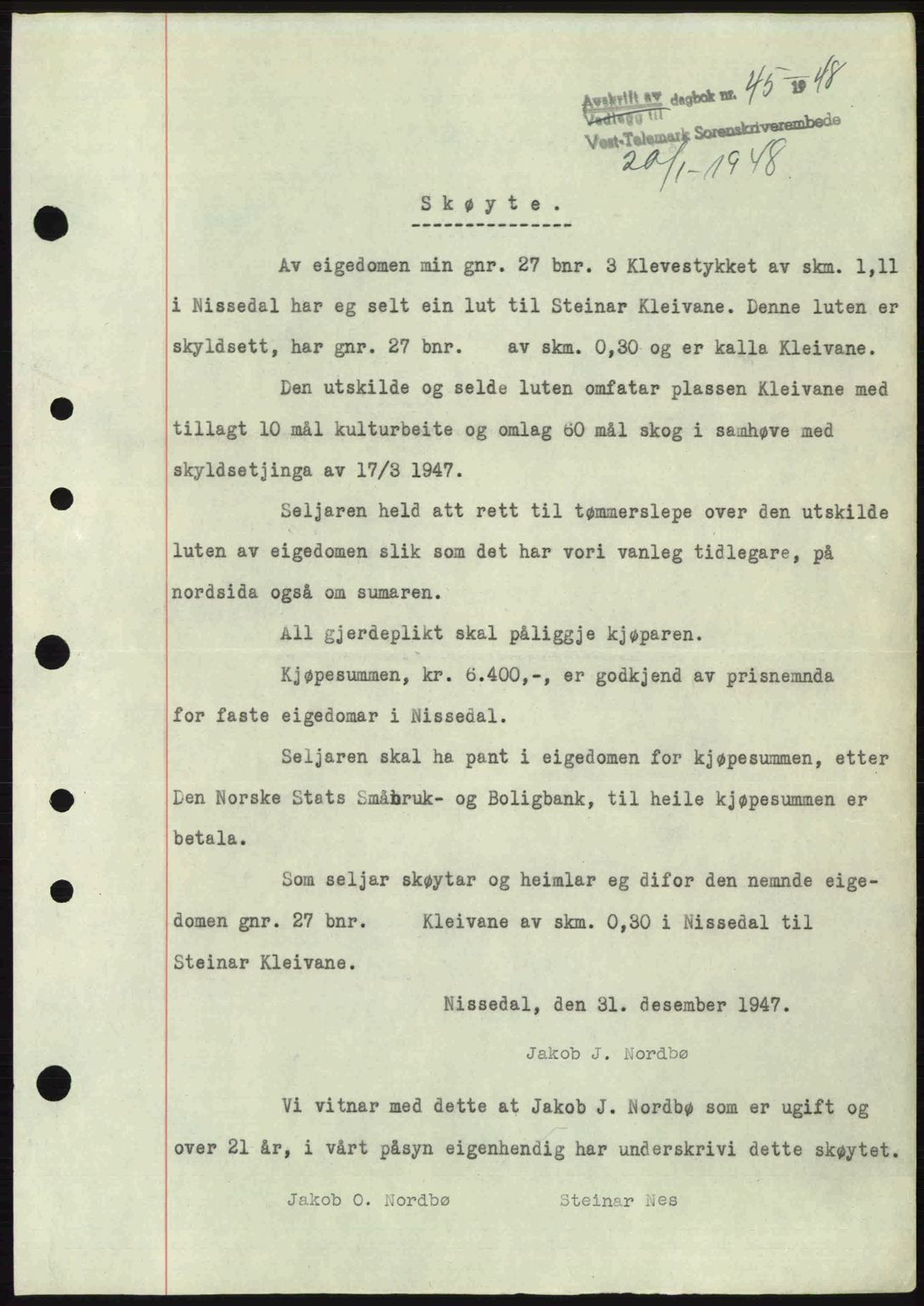 Vest-Telemark sorenskriveri, SAKO/A-134/G/Ga/Gac/L0008: Pantebok nr. A-8, 1947-1948, Dagboknr: 45/1948