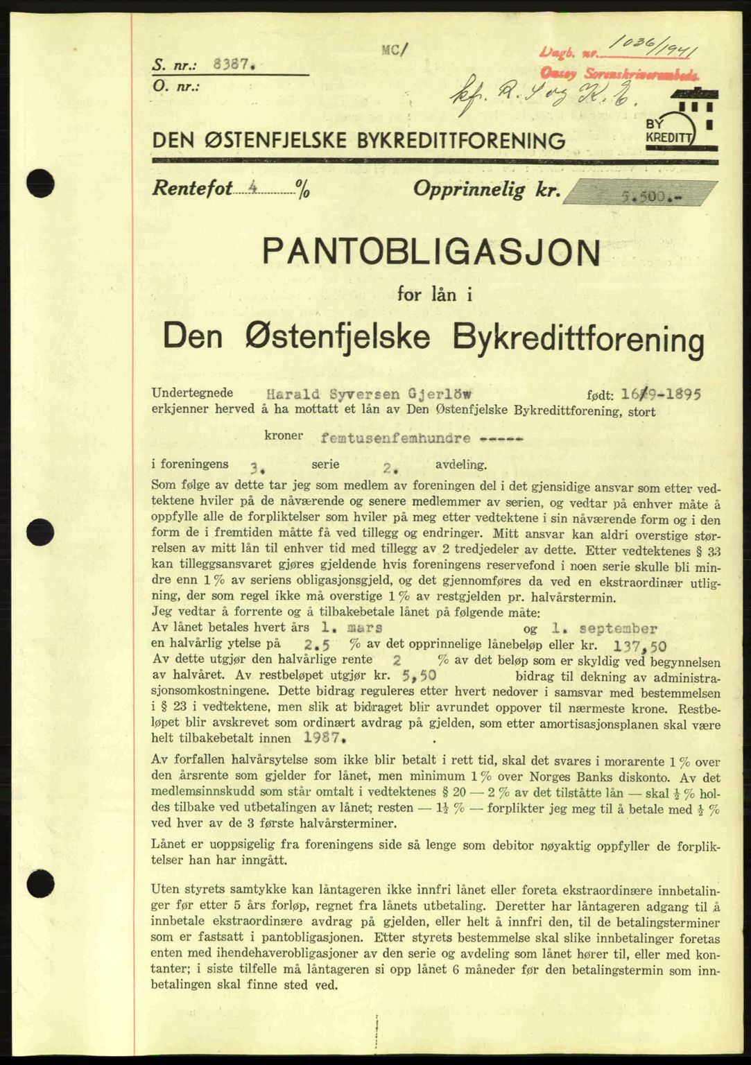 Onsøy sorenskriveri, SAO/A-10474/G/Ga/Gac/L0003: Pantebok nr. B3, 1940-1944, Dagboknr: 1036/1941