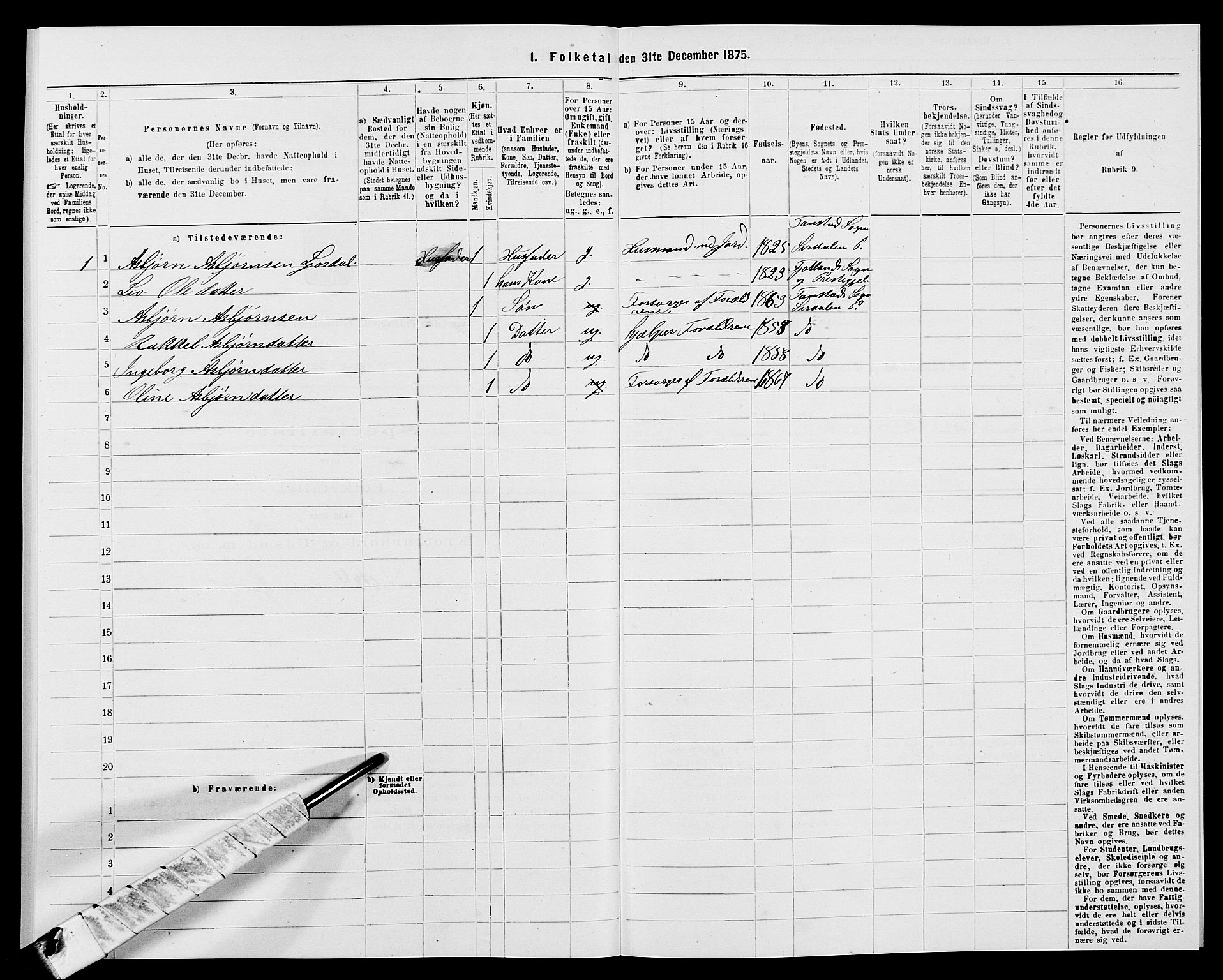 SAK, Folketelling 1875 for 1046P Sirdal prestegjeld, 1875, s. 398